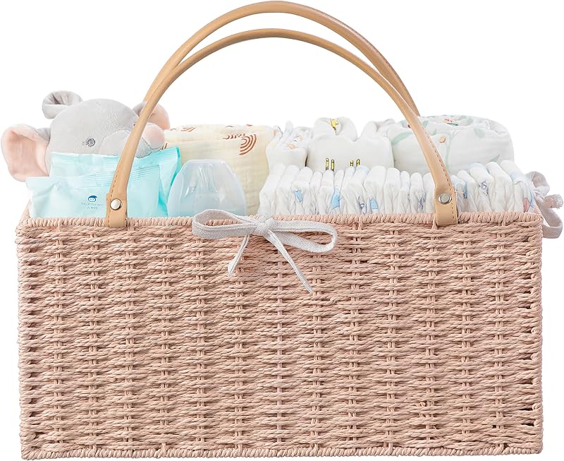 Large Baby Diaper Caddy Organizer Pink, Paper Rope Storage Baskets Nursery Bin with Removable Divider, Portable Car Organizer for Diapers, Baby Shower Gifts, Newborn Essentials Must Haves