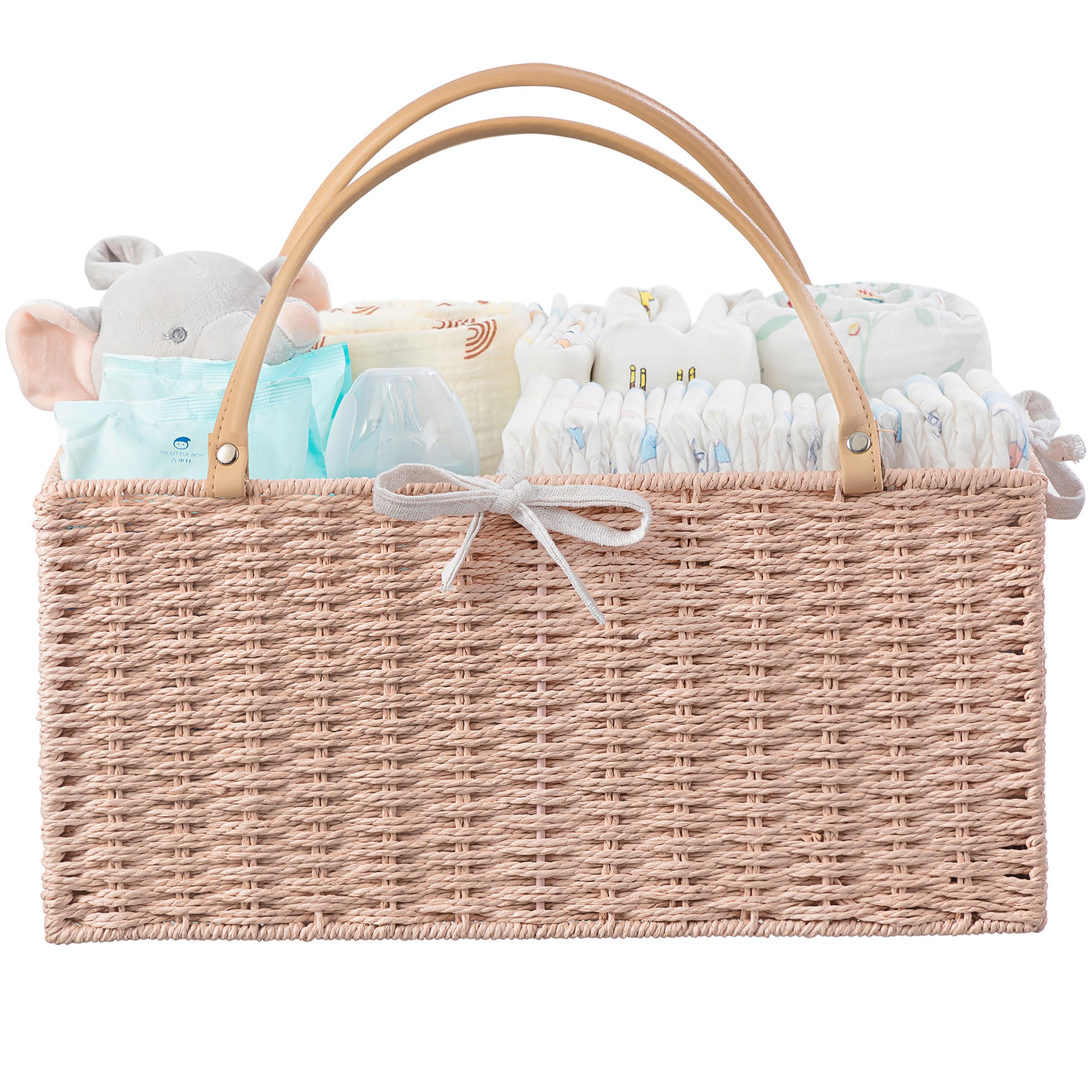 HBlife Large Baby Diaper Caddy Organizer Pink, Paper Rope Storage Baskets Nursery Bin with Removable Divider, Portable Car Organizer for Diapers, Baby Shower Gifts, Newborn Essentials Must Haves