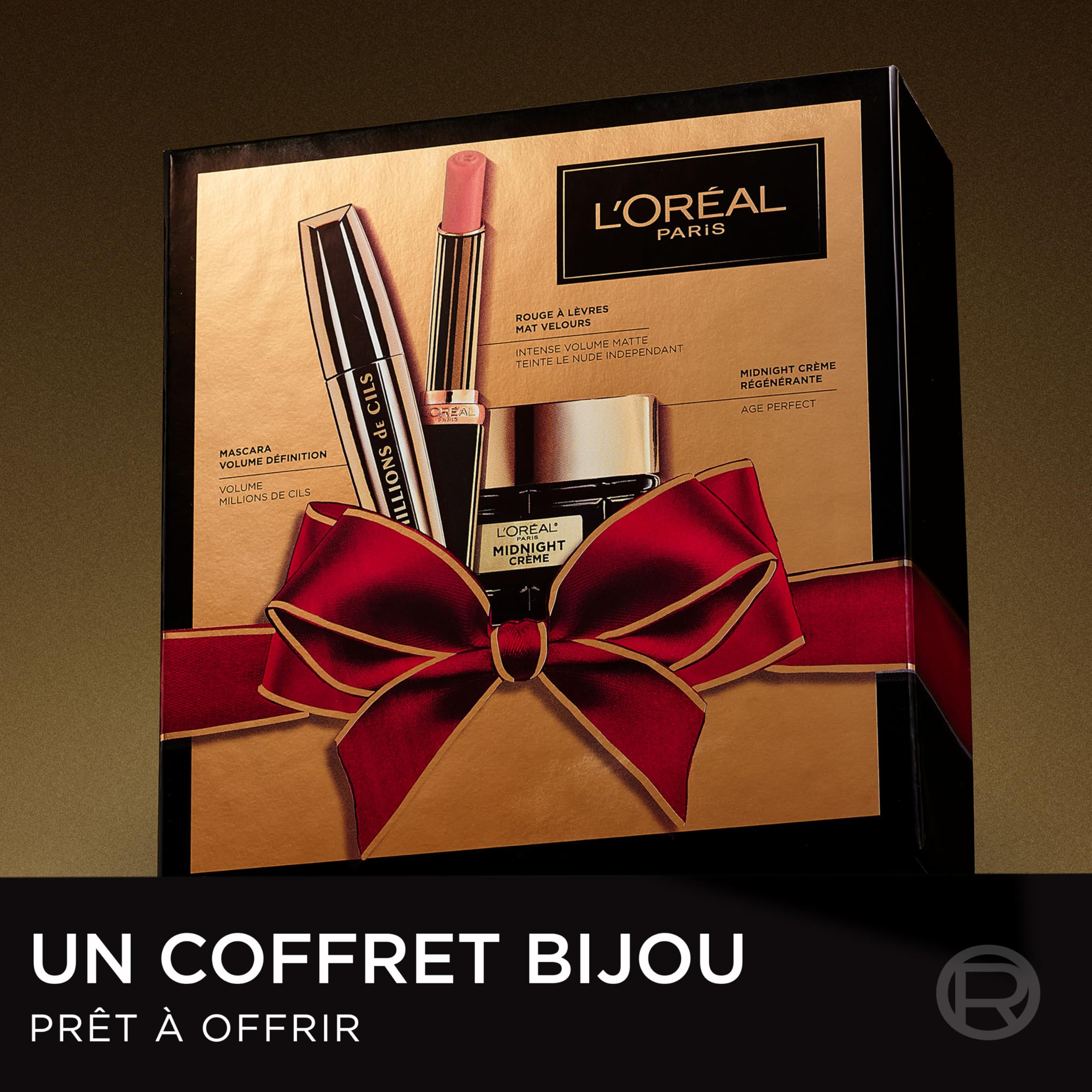 L'Oréal Paris - Coffret Cadeau de Noël - 3 Produits - Crème Anti-Rides, Mascara Volume Millions, Rouge à Lèvres Mat