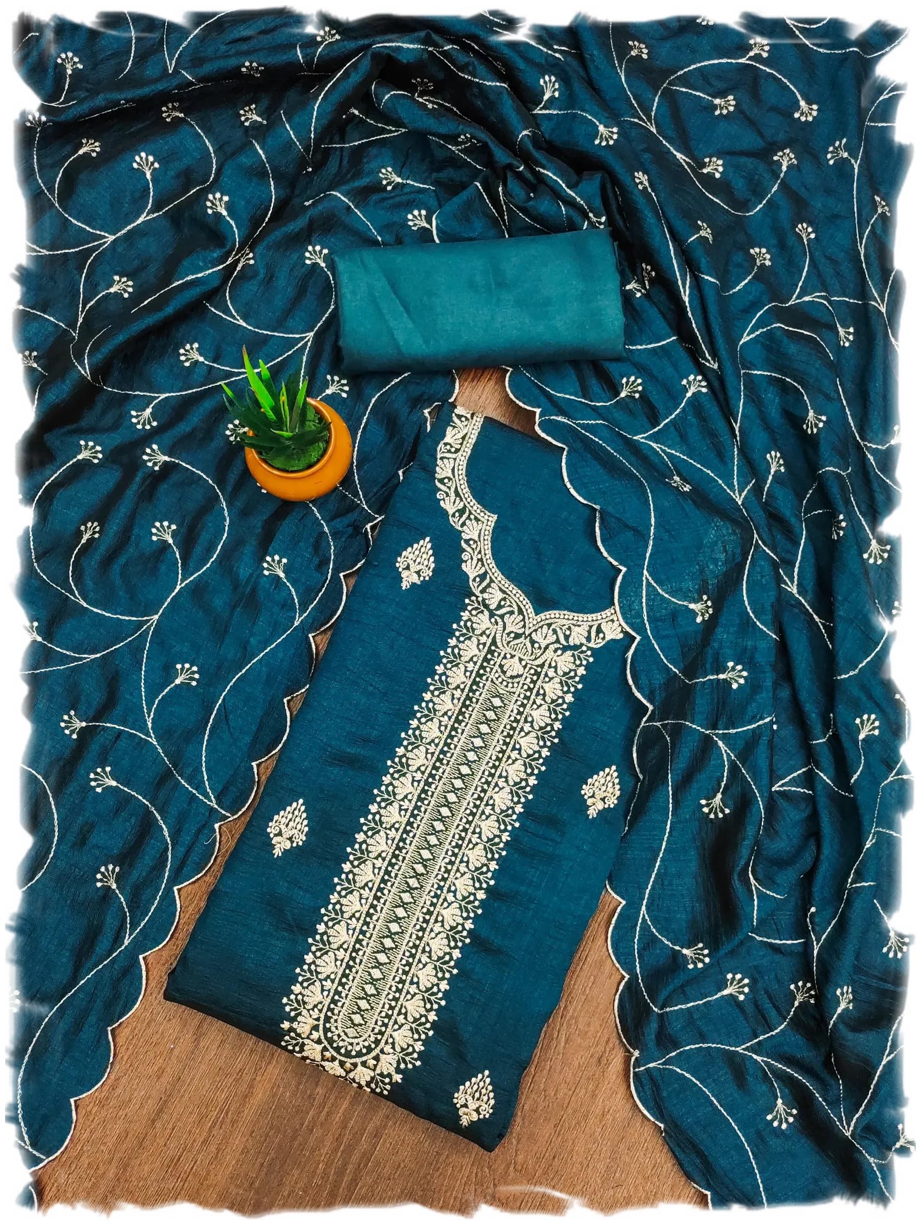 MC MANSI CREATION Women Vichitra silk Zari embroidery work unstitch salwar suit with work dupatta dress material: Vichitra