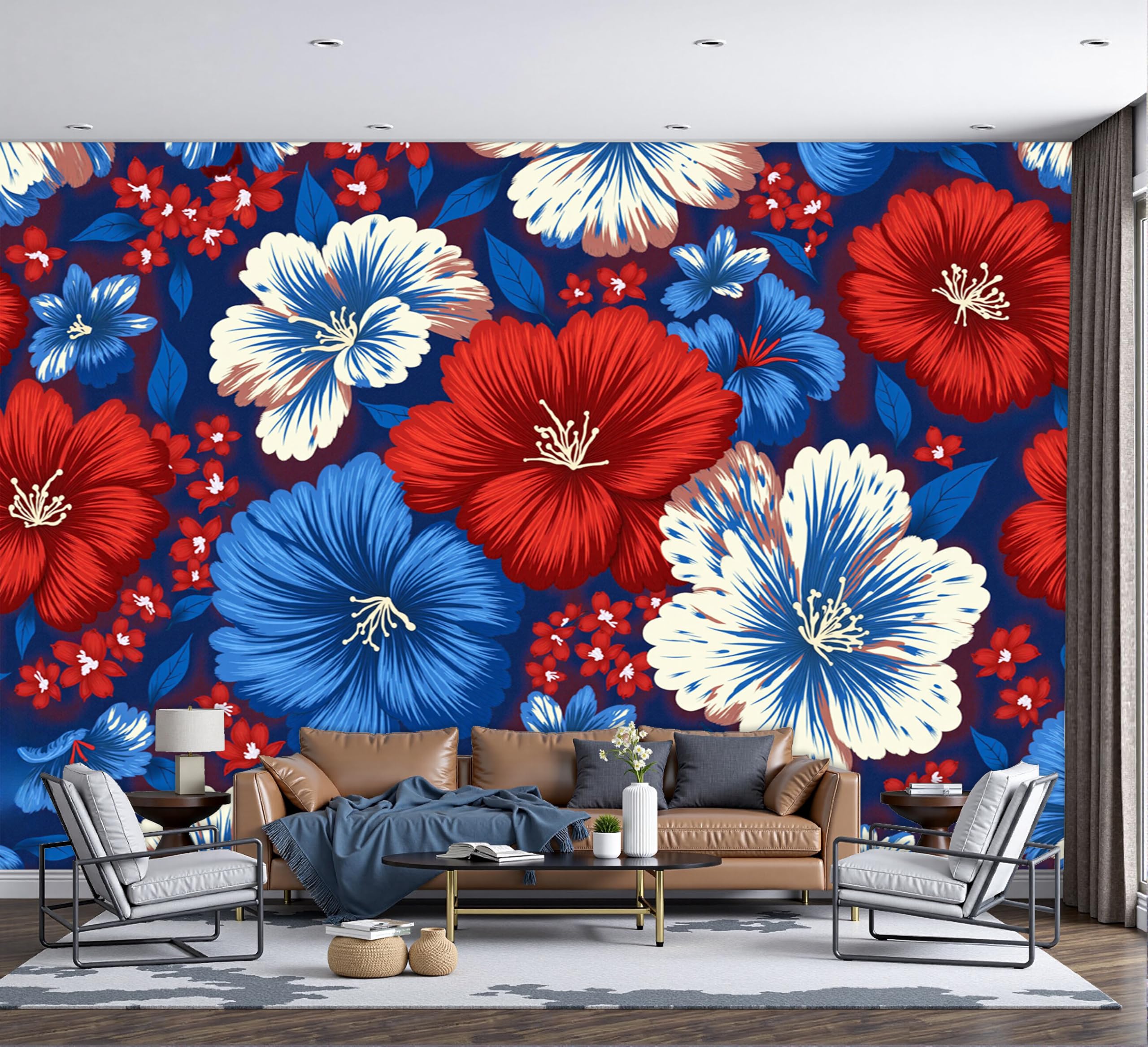 Papier peint panoramique rétro fleurs rouge bleu salon 200x140