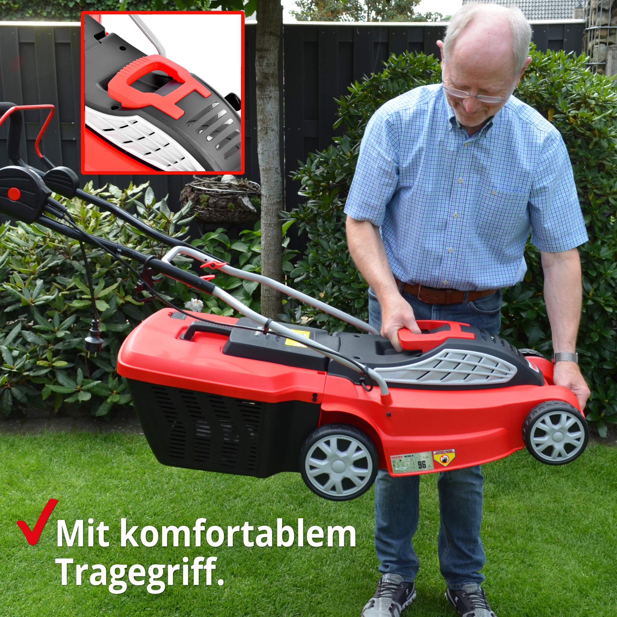 HECHT Premium Elektro Rasenmäher 1600 W 38 cm 45 L Fangkorb | Turbo-Motor, zentrale 5-fach Schnitthöheneinstellung, Elektro-Mäher für einen gepflegten Rasen