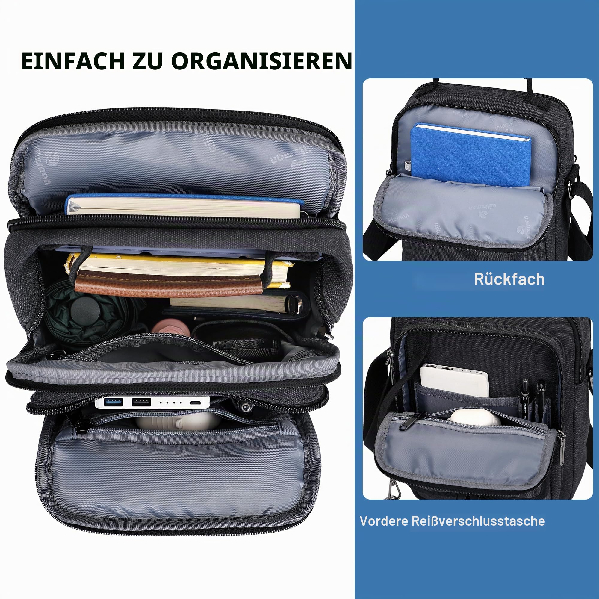 WITZMAN Umhängetasche Herren Canvas Schultertasche Herren Tasche Umhängen Vintage Fit 11 iPad Messenger Bag Herrenhandtasche für Reisen