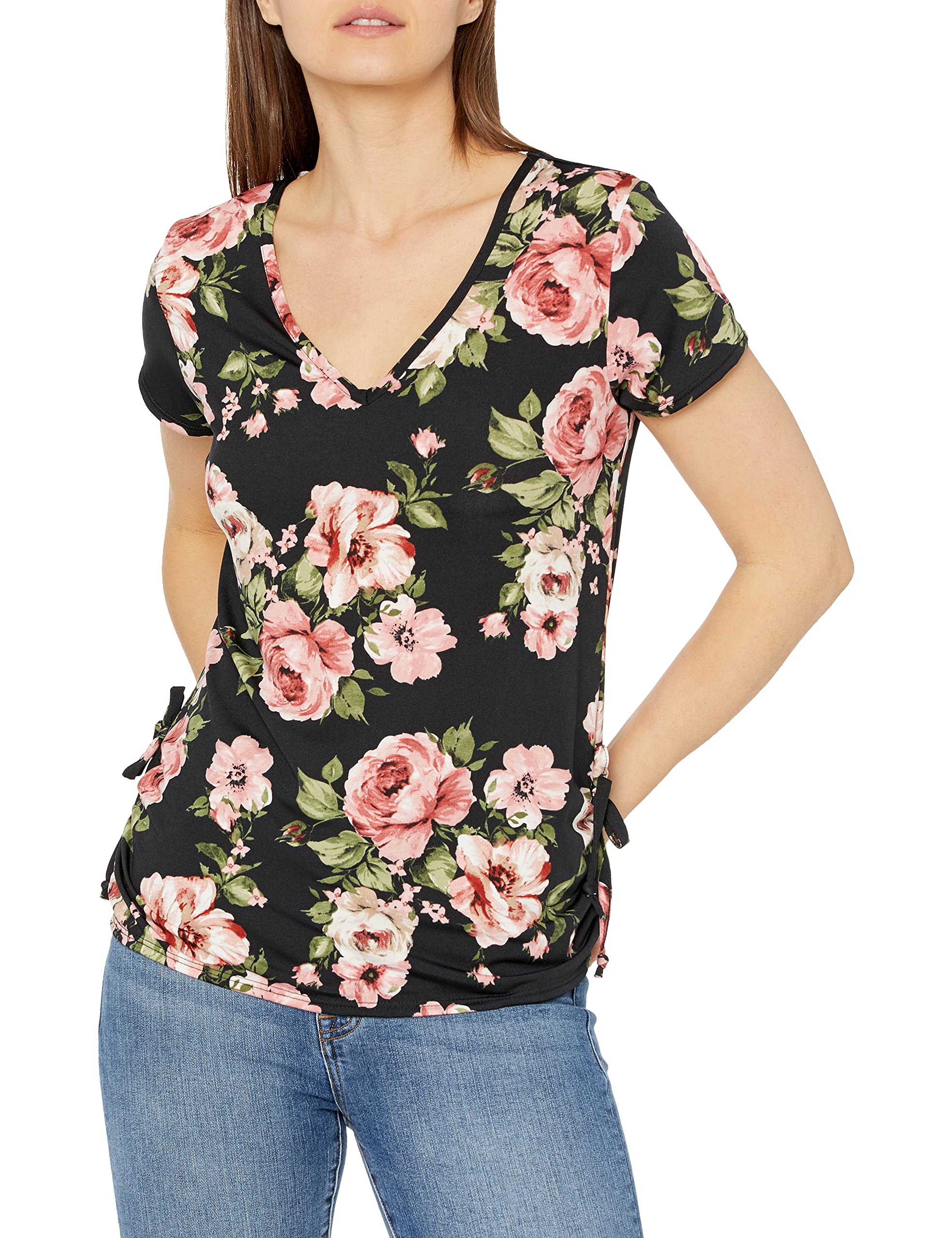 Star Vixen Women's Petite Long Sleeve V-Neck Top - Ruched Side Detail, Ivory Floral Print, Soft Knit - View #5