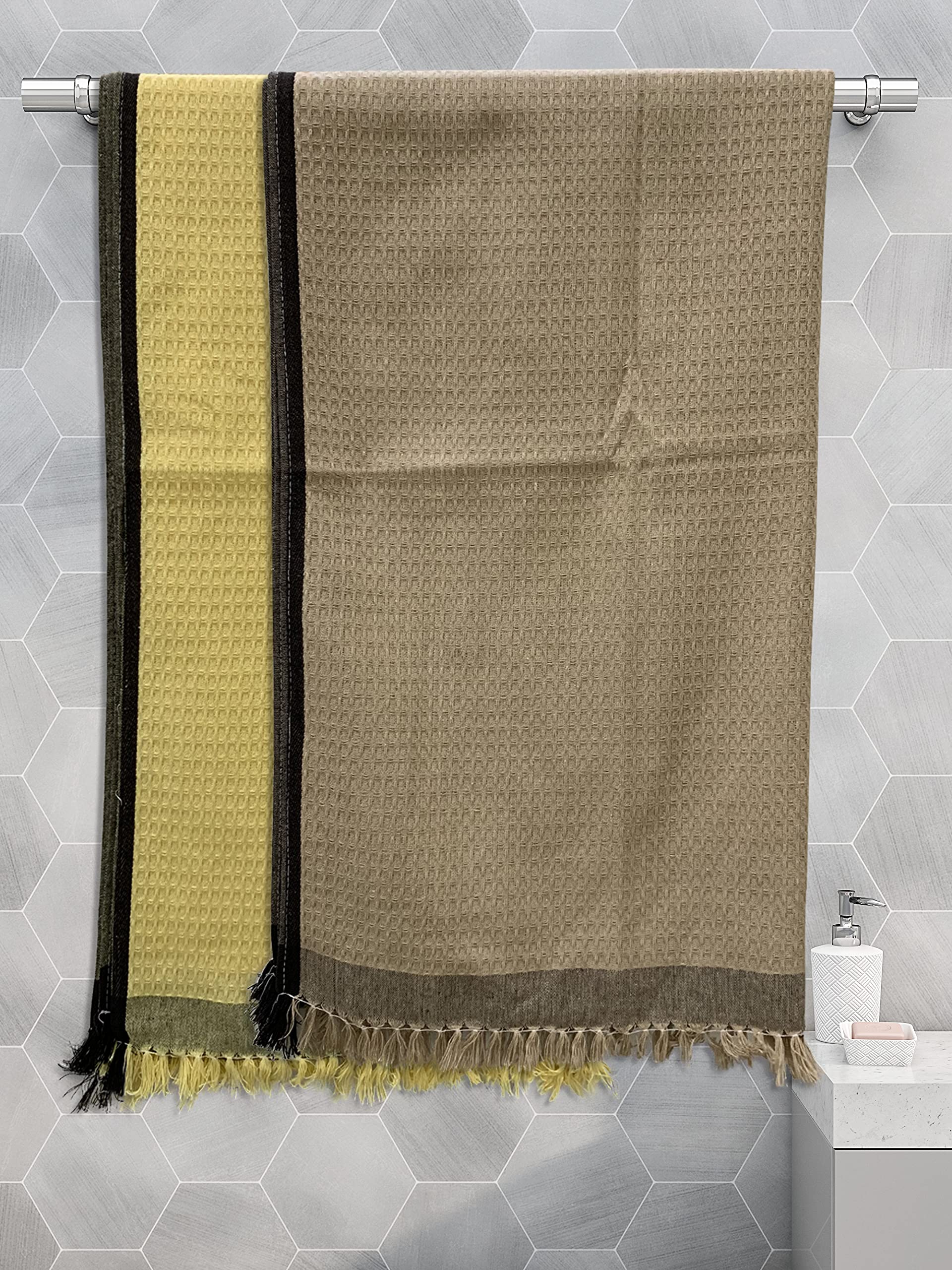 Athom Trendz Living Eco Saviour Premium Cotton Bath Towel Waffle Yellow & Waffle Beige - Pack of 2