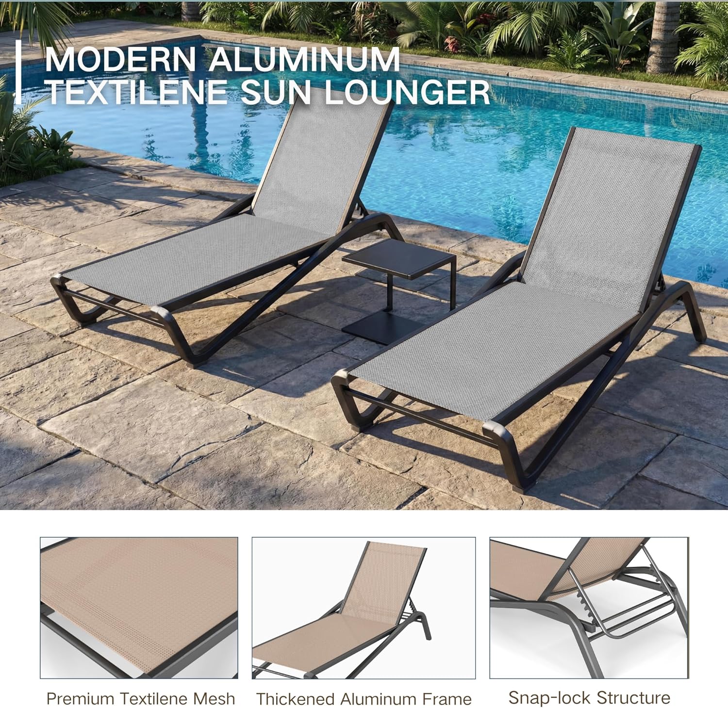 Kingdura Chaise Lounge Chairs Set for Pool, Aluminum Outdoor Lounge Chairs with 5 Positions Recliner, Lightweight Pool Lounger Lounge Chairs for Outside Patio Deck Poolside (Grey, 1 Chair)