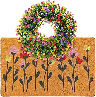 Drydiet Floral Coir Doormat and Spring Wreath Set Flower Welcome Door Mat for Front Door 17.7 x 29.5 Inch Coco Coir Doormat Summer Porch Decor for Garden Garage Patio Home Entrance(Colorful)