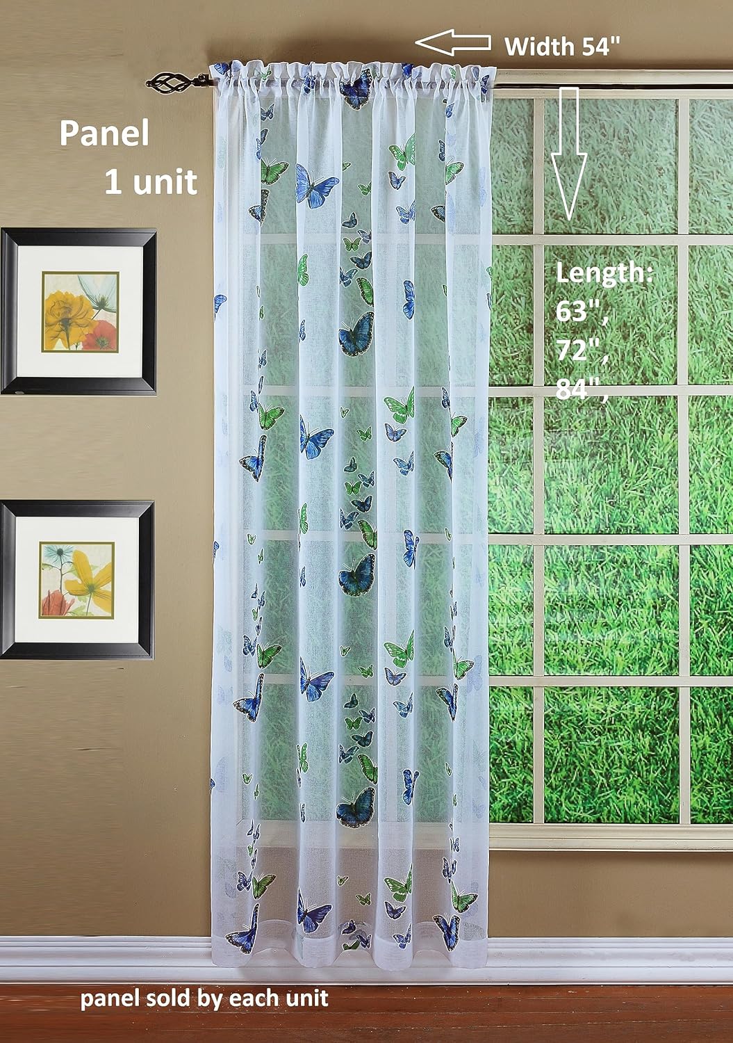 Today's Curtain Butterflies Print Semi Sheer Panel, 84", Blue, 54W x 84L