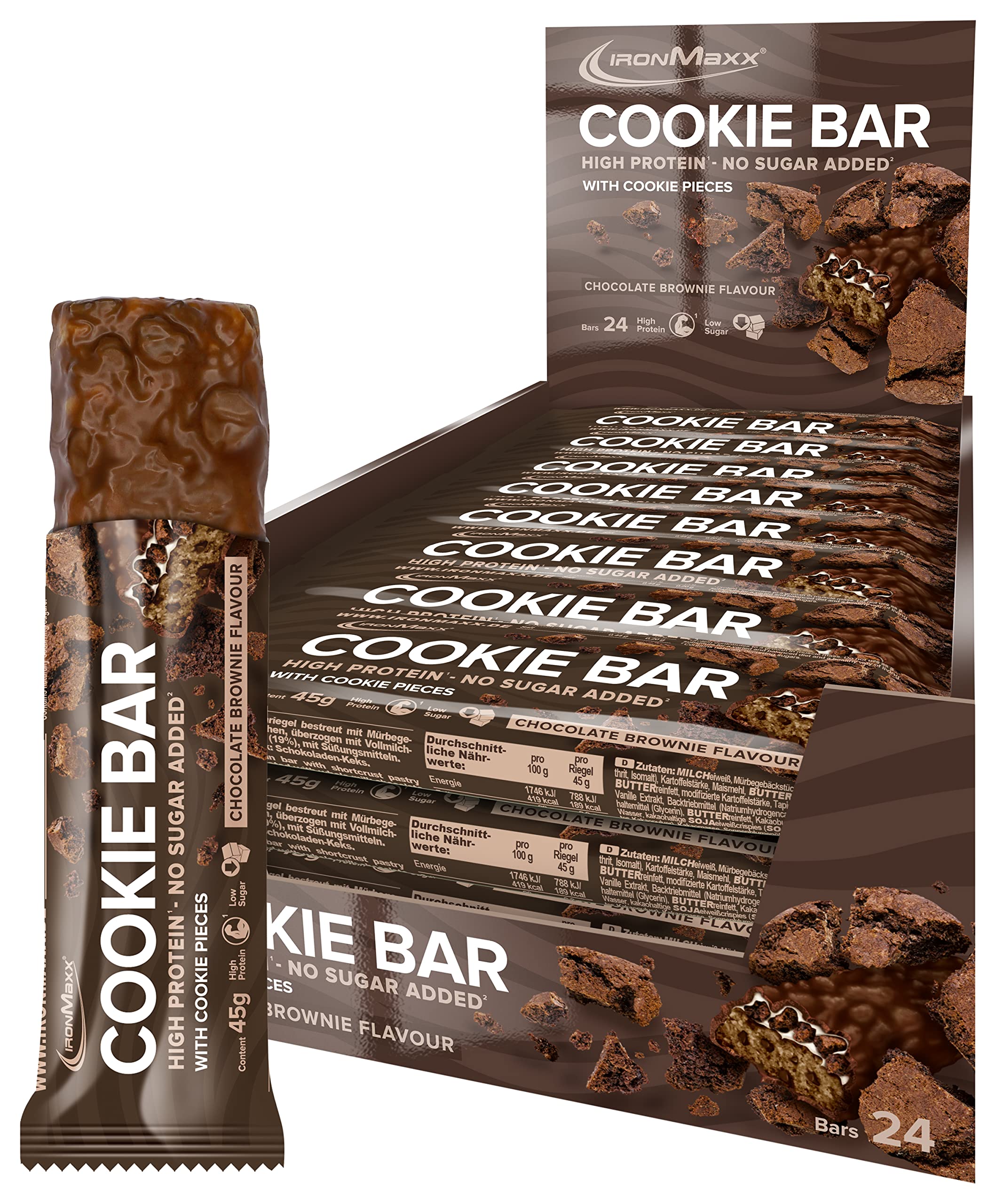 IronMaxx Cookie Protein Bar Chocolate Bronwnie, Proteinriegel mit Cookie Stückchen, 1x 45 g (1er Pack)