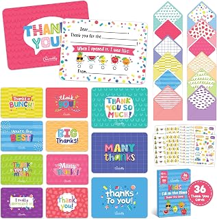 Decorably 36 Pack Postcard-Style 6x4in Kids Thank You Cards Fill In The Blank with Envelopes and Stickers - 12 Adorable Designs Fill in Thank You Cards Kids with Rounded Corners