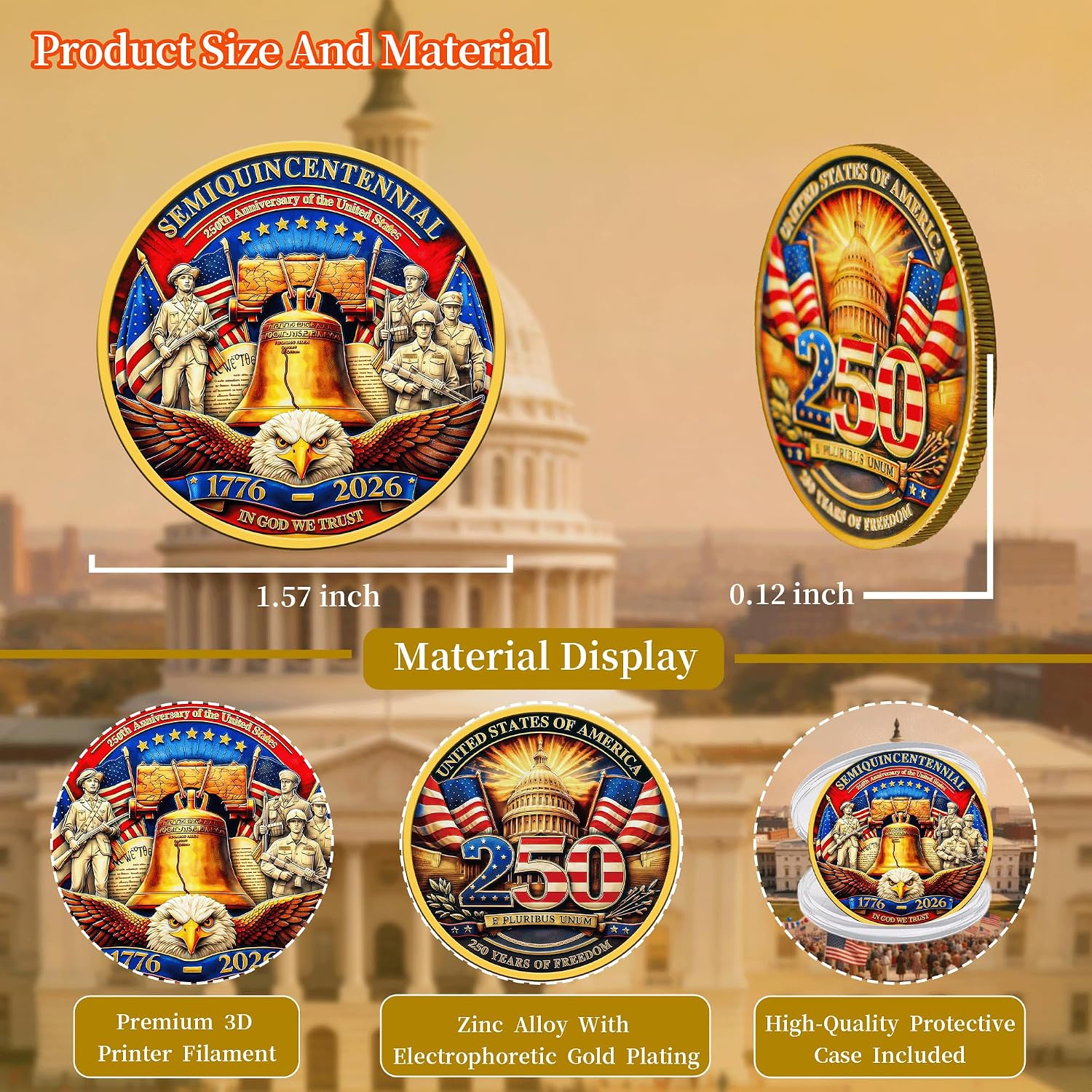 10Pcs USA 250th Anniversary Challenge Coin – High Relief Bald Eagle & Liberty Bell Patriotic Symbols Collectible, America 250 Merchandise for Independence Day Celebration & Gifting (Style-1)