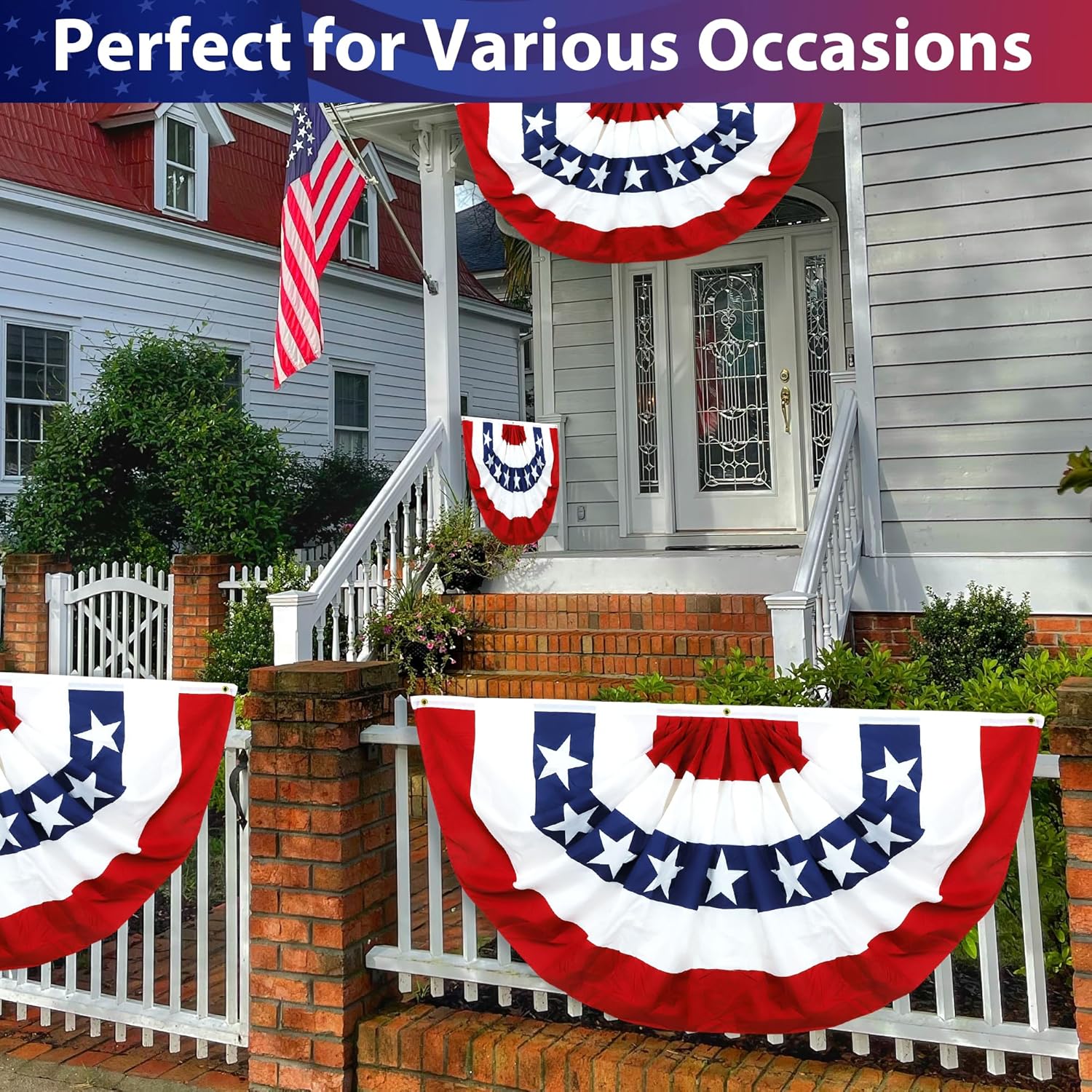 3x6 Feet American Pleated Fan Flag 4 Pack - Red White and Blue Bunting, Memorial Day Decor, Independence Day, Patriotic Flags for House, Garden, Porch, Fence