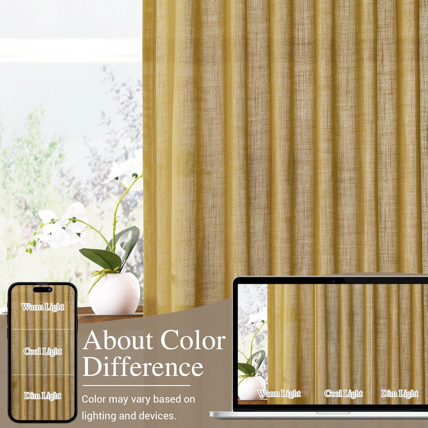 Gold Extra Wide Curtains Linen for Sliding Glass Door Yellow 100 Inch Wide Back Tab Curtain Patio Living Room Divider Semi Sheer Farmhouse Modern Light Filtering Drape 1 Panel W100xL96
