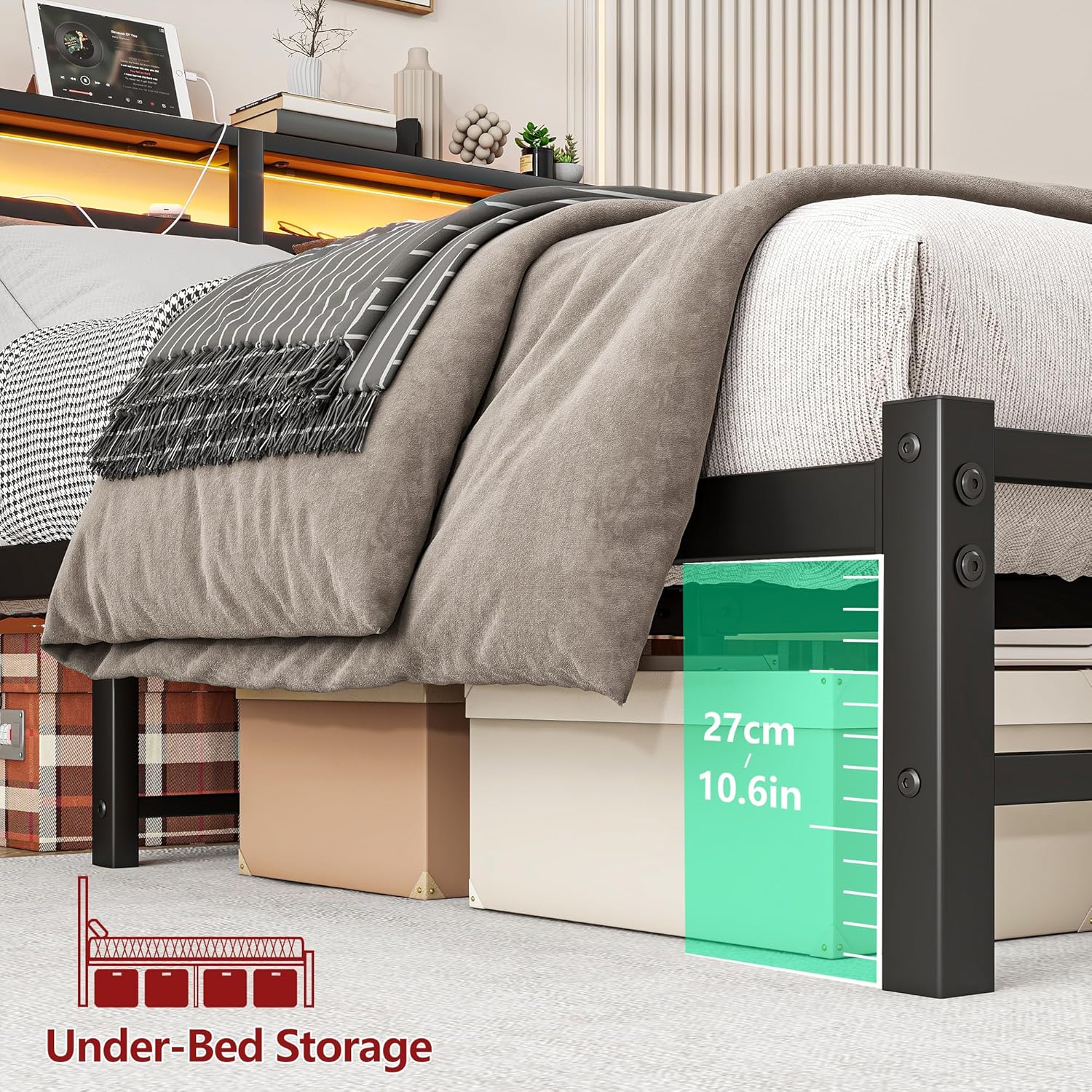 Queen Size Bed Frame with LED Lights Storage Headboard and USB Charging Station,Metal Platform Bed Frame Queen Size,No Box Spring Needed,Strong Heavy Duty Metal Slats,Noise Free,Black - Image 8
