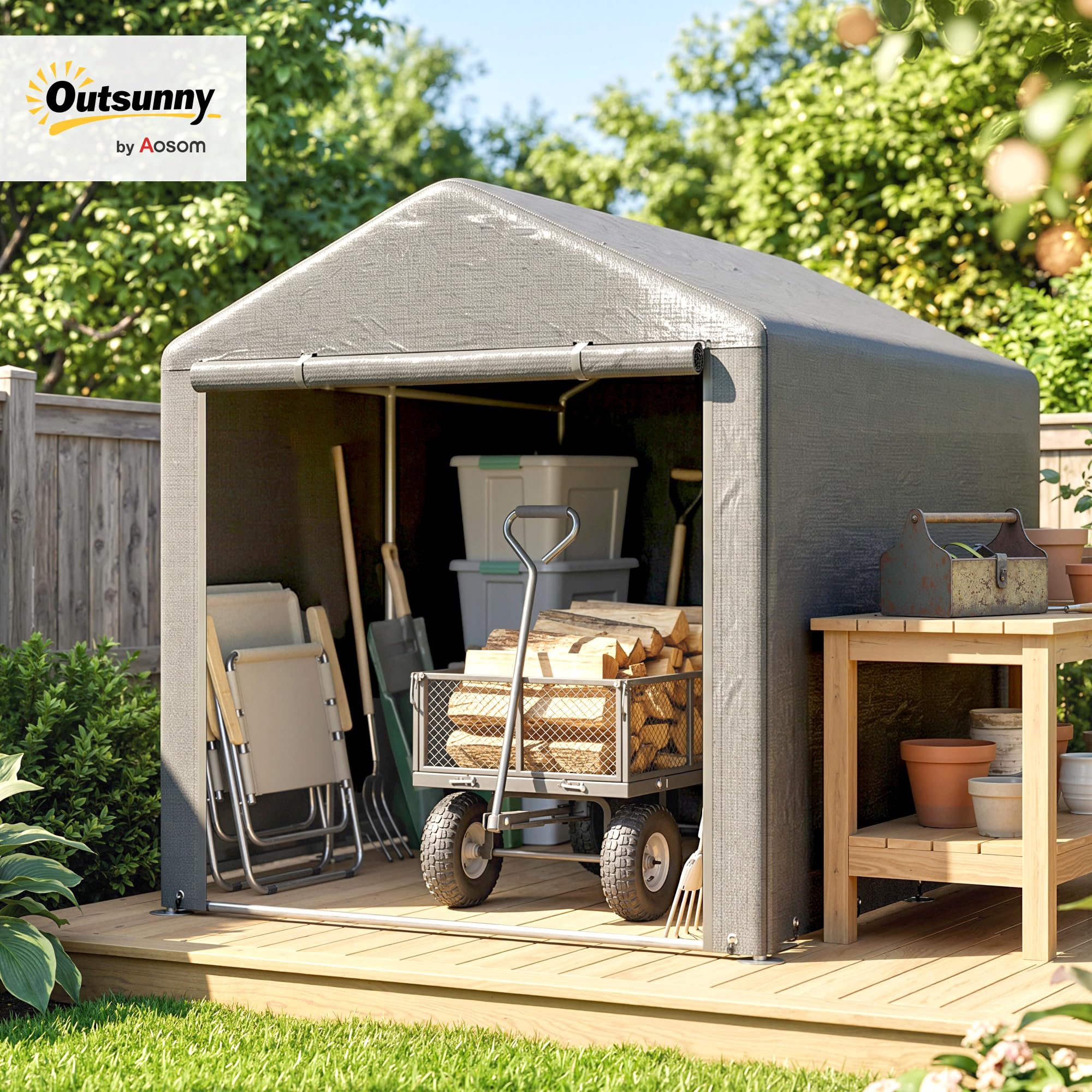 Outsunny Carpa de Jardín Exterior 2 Habitaciones 1,6x2,2x1,7 m Gris Claro | para Herramientas Bicicletas, Cobertizo Exterior, Puerta Enrollable con Cremallera, Impermeable Anti-UV, Garaje Portátil