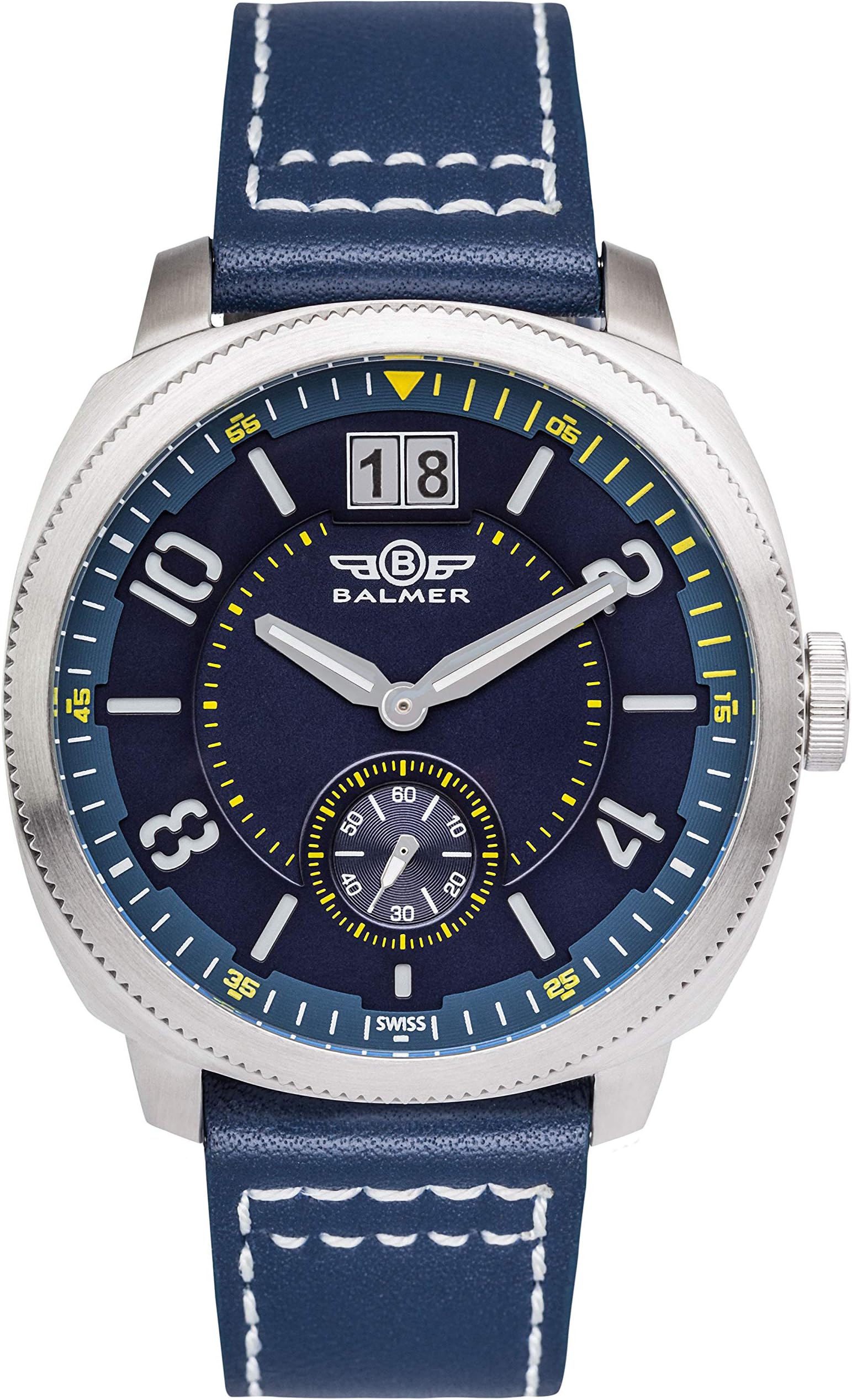 Swiss Made Stratos Mens Watch - Blue Leather Strap, Silver Case, Blue/Yellow Dial