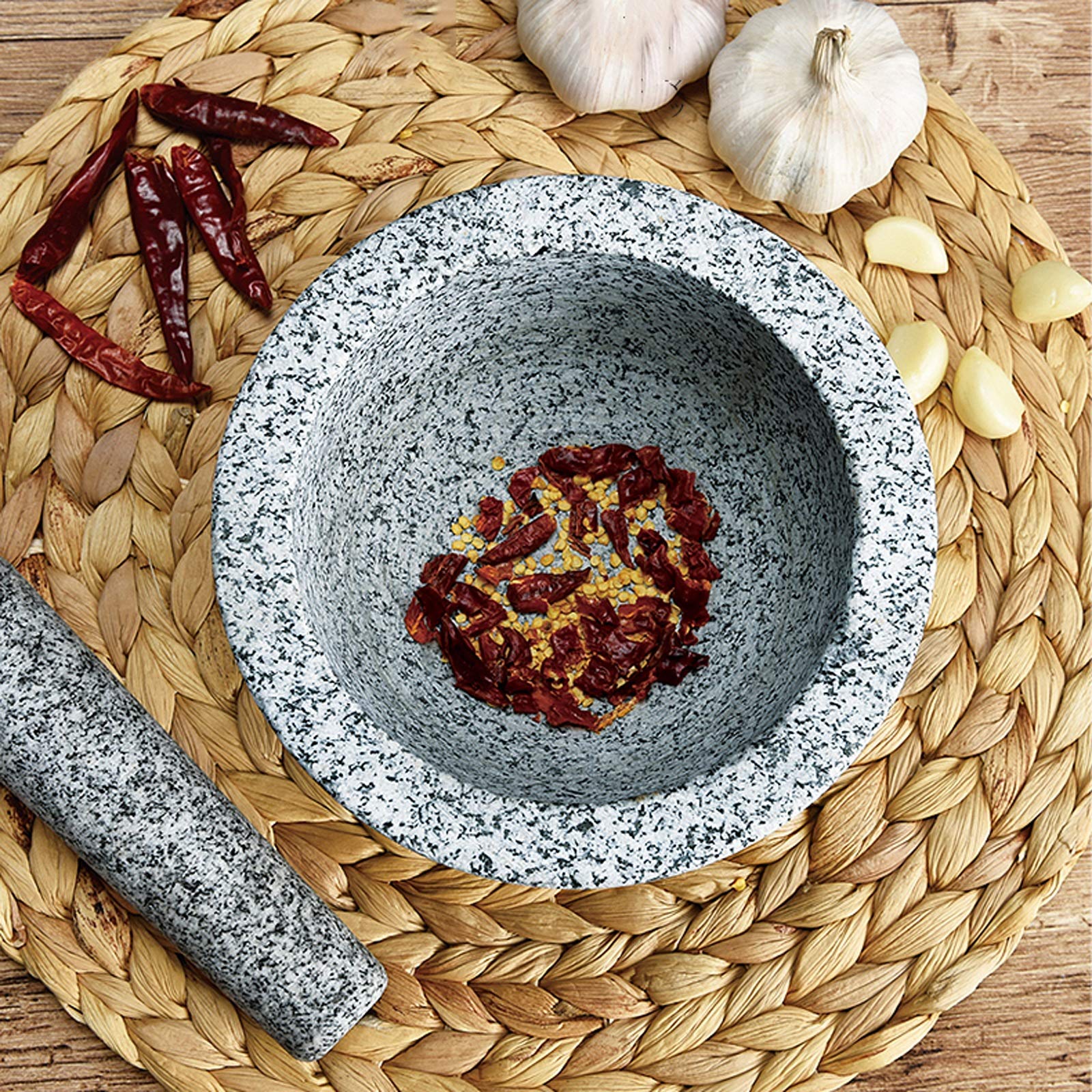 Ensemble De Pilon Motif Granit Pierre Herbes Épices Moulin Solide Ensemble De Cuisson