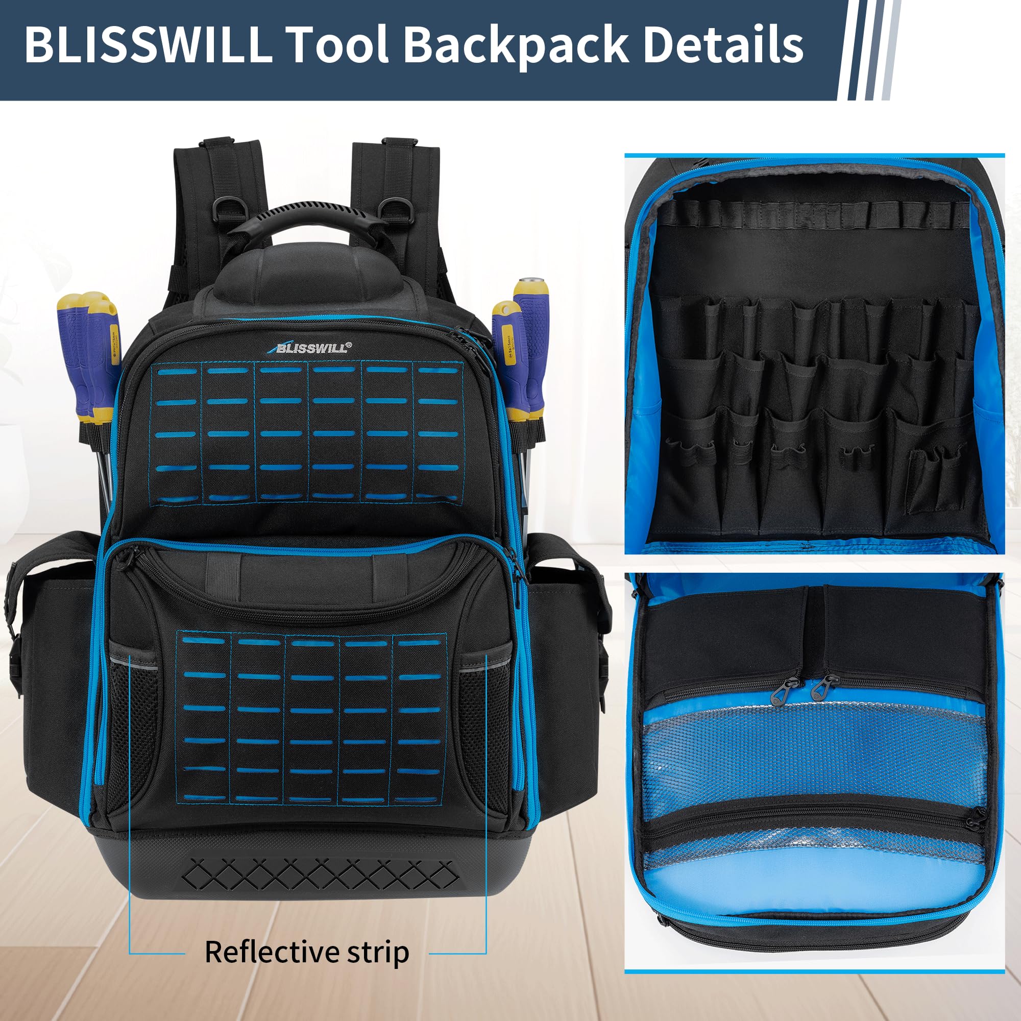Mochila de herramientas para hombre, mochila de herramientas resistente con base moldeada impermeable, 62 bolsillos/40 bucles, bolsas organizadoras de herramientas resistentes,
