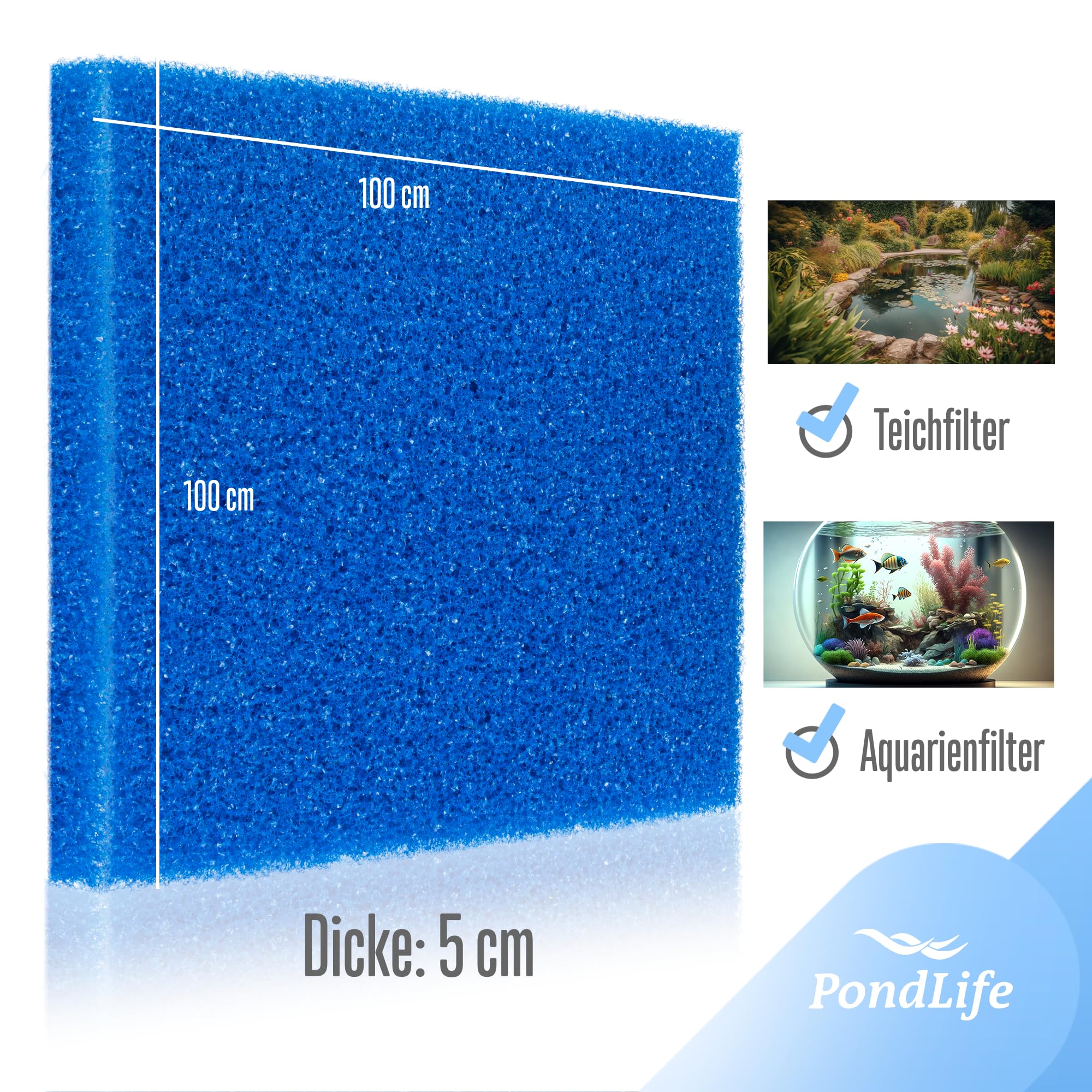 Pondlife Filterschaum blau 100x100x5 cm PPI 10 grob, Filtermatte Teich und Aquarium, zuschneidbar, zur optimalen Verwendung als Filtermedium in Teichfiltern