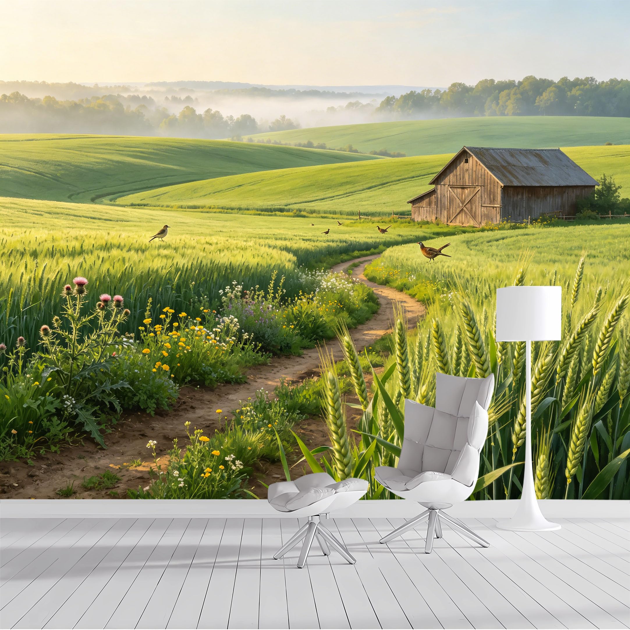 Custom Size Wall Mural Rural Farmhouse Landscape Wheat Field Birds Pastoral Scene SelfAdhesive Wall Fabric Removable Peel and Stick Wallpaper Wall Decor for Living Room Bedroom Bathroom