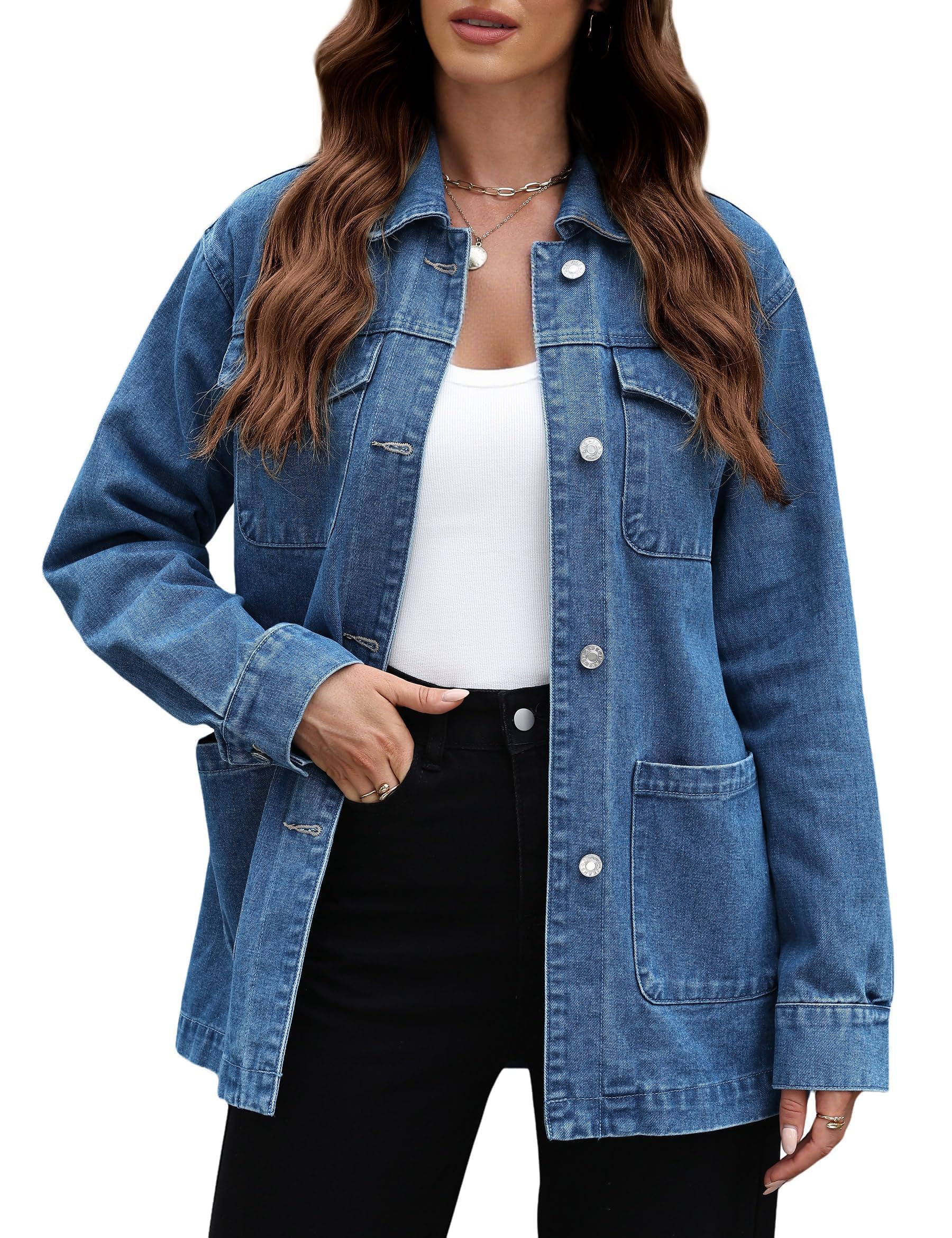 Chaqueta Vaquera de Mujer Oversize Manga Larga con Cierre Botón o Cremallera Casual Moderna Todo Temporada