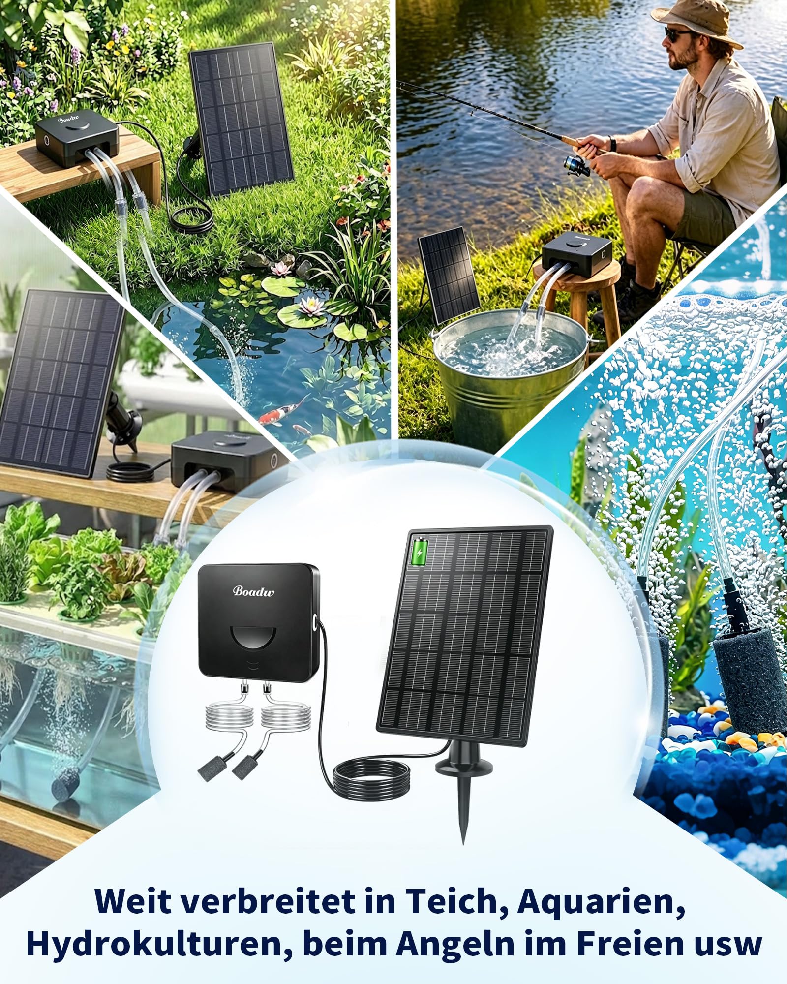 3W Solar Teichbelüfter mit 2200 mAh Akku, Belüftungssets für gartenteiche mit Solarpanel, Sauerstoffpumpe Teich Winterfrostschutz 2 Luftsteine für Garten und Angeln an Bewölkten Tagen