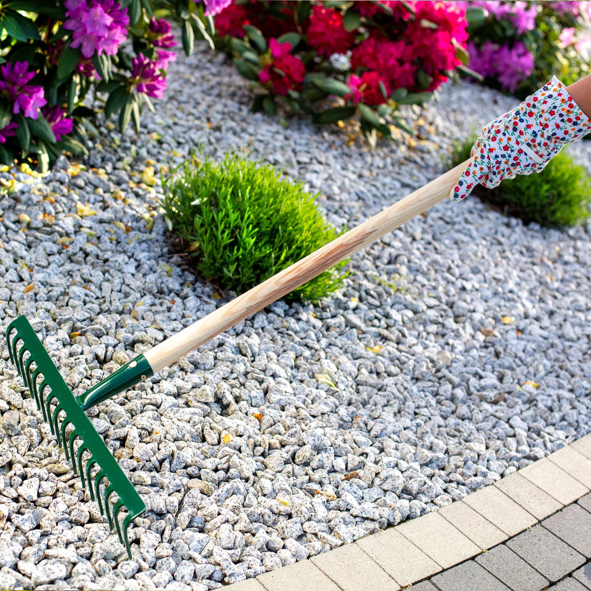 Rechen realizzato in metallo,rastrello piatto con gambo in legno, scope a foglia per giardino, letto, ginocchia, rastrello da prato, verde, unità da giardino, eurechen, utensile da giardino (16 denti)