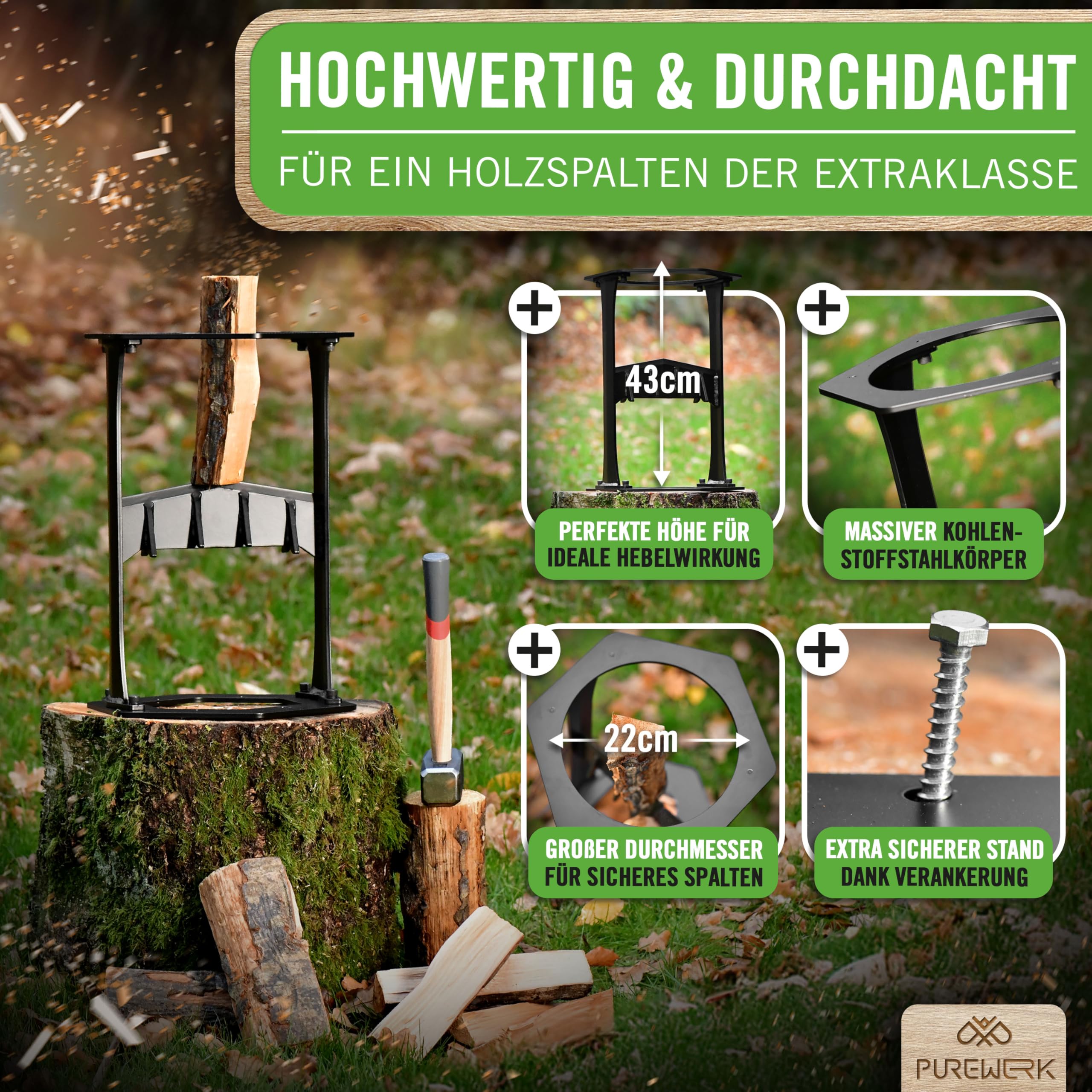 Holzspalter manuell [Ø 22 cm] - robuster Holz-Spalter für Anzündholz aus Kohlenstoffstahl mit extra-großem Durchmesser - inkl. Klingenschutz, Tasche & Zubehör zur Boden-Montage