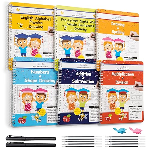 Magic Practice - 6 cuadernos de ejercicios con bolígrafos de tinta que desaparecen, práctica de escritura a mano reutilizable para niños, libros de