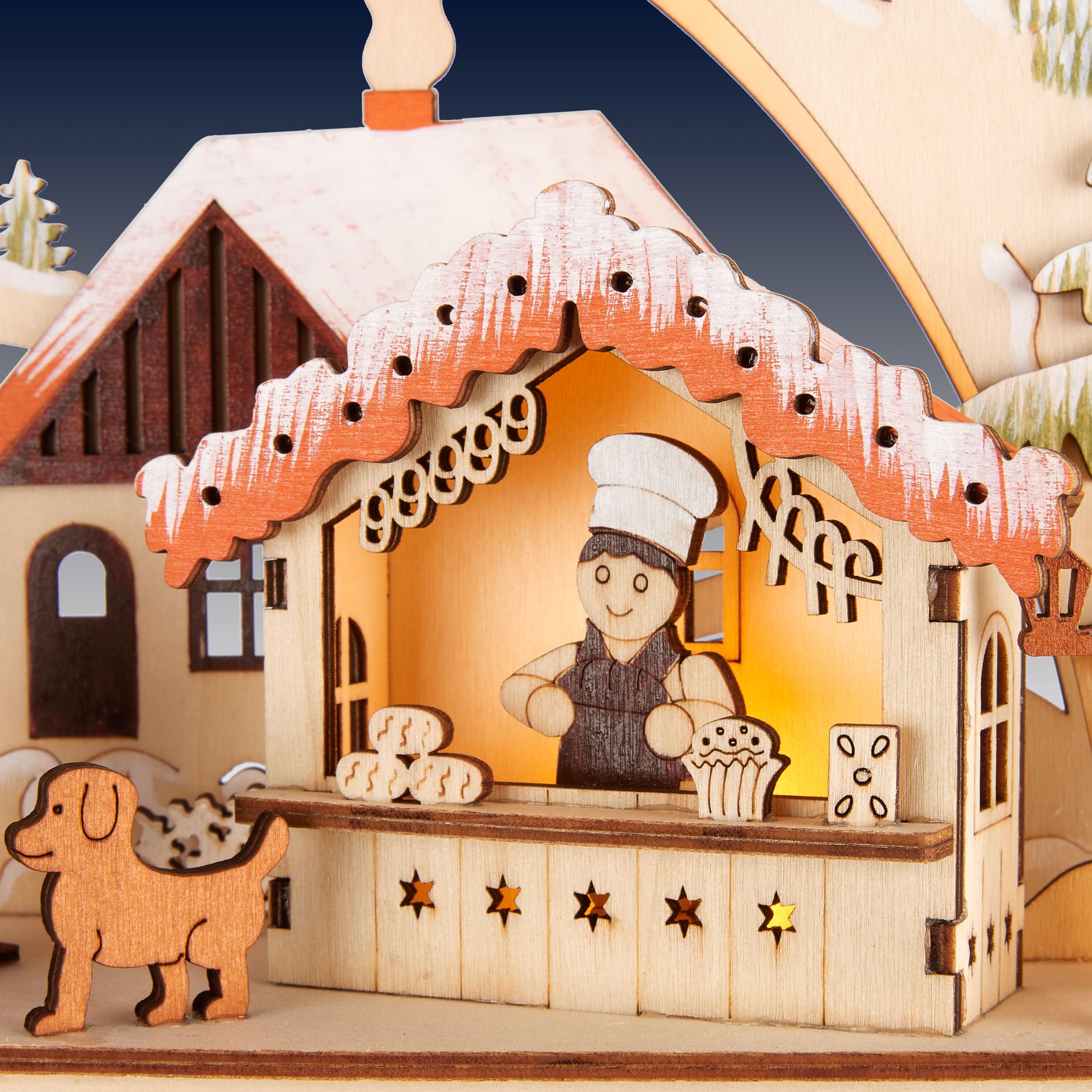 BRUBAKER Adventskalender zum Befüllen - Weihnachtsdorf 2026 | Holz Weihnachtskalender mit LED Beleuchtung - Dorf mit Kindern, Bäckerei, Hund & Wald - 40 cm Kalender mit Bogen - Beleuchtet