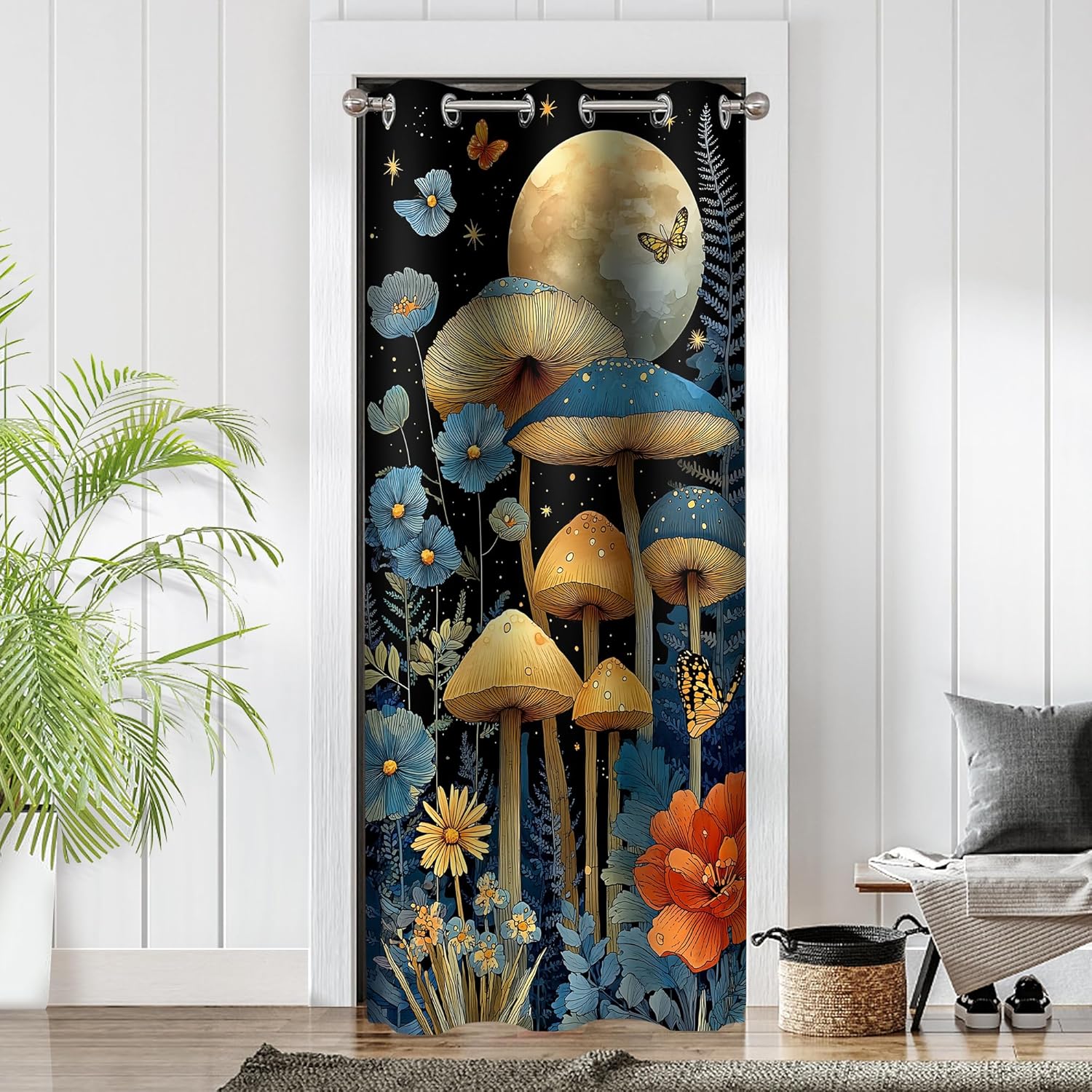 Mushroom Door Curtains for Doorways, Fantasy Gothic Fairy Forest Botanical.png Blackout Curtain for Kids Bedroom Closet, Grommet Thermal Insulated Privacy Door Drapes for Room Divider, 34" W x 80" L