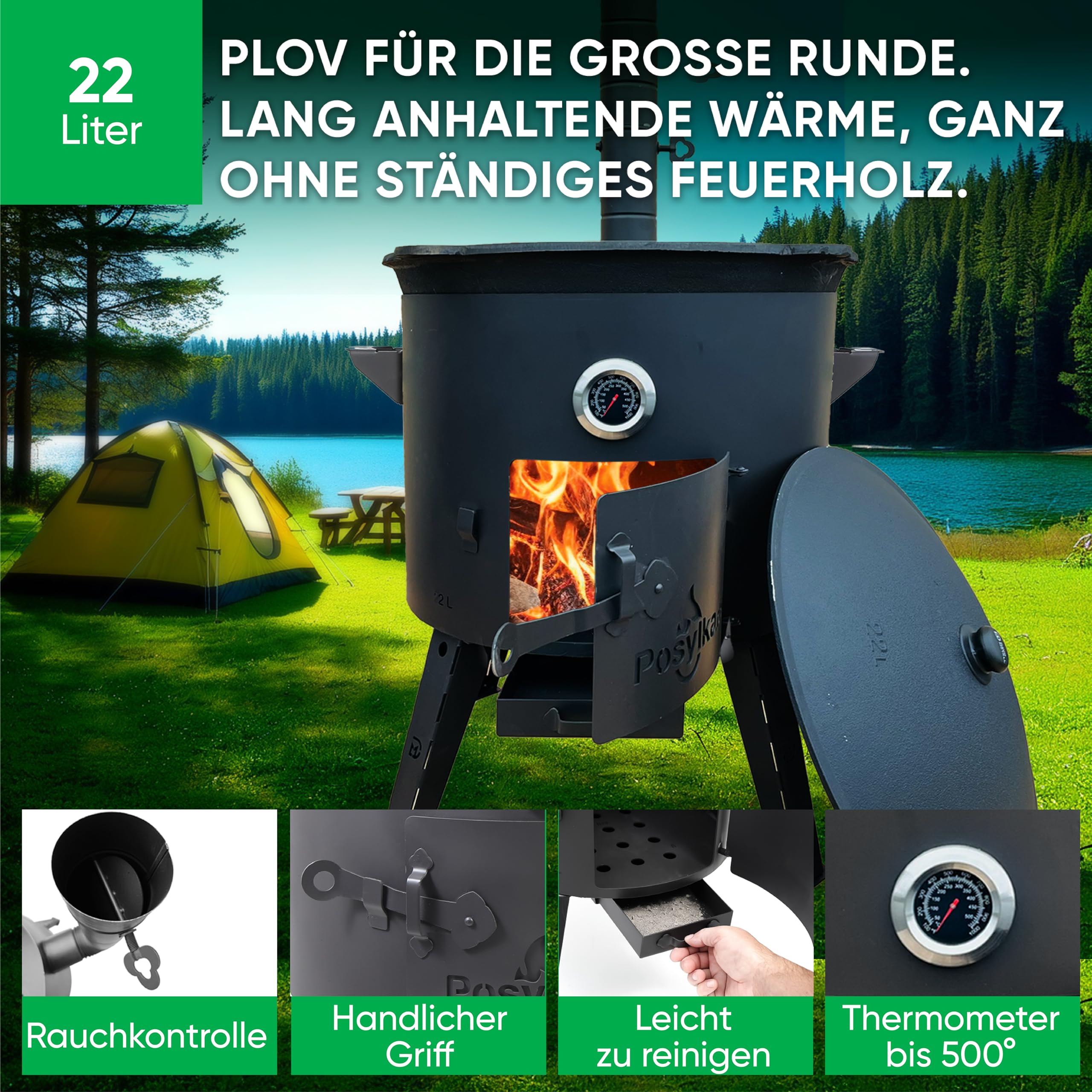 Utschak Feuerofen Ø 49 cm mit Thermometer & Gusseisen Topf 22 L, Ø 52,7 cm Kazan-Set mit Deckel Outdoor Feuerschale Gulaschkanone Usbekischer Kochtopf aus Gusseisen Gartenküche
