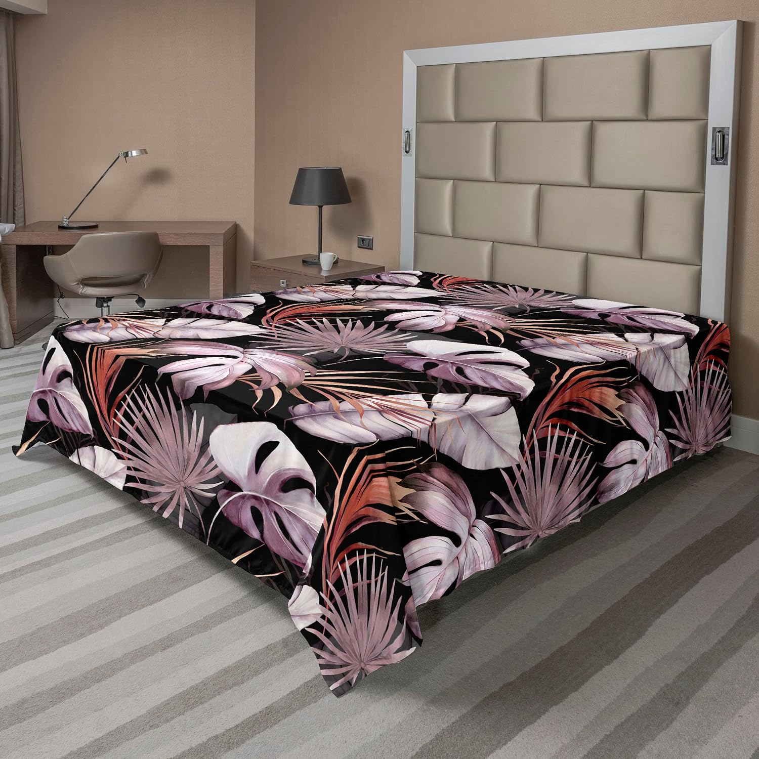Ambesonne Leaf Print Flat Sheet, Gunge Pattern of Leaves Vintage Neutral Themed Botanical Ornament, Soft Comfortable Top Sheet Decorative Bedding 1 Piece, Queen Size, Pale Blue Grey Tan White