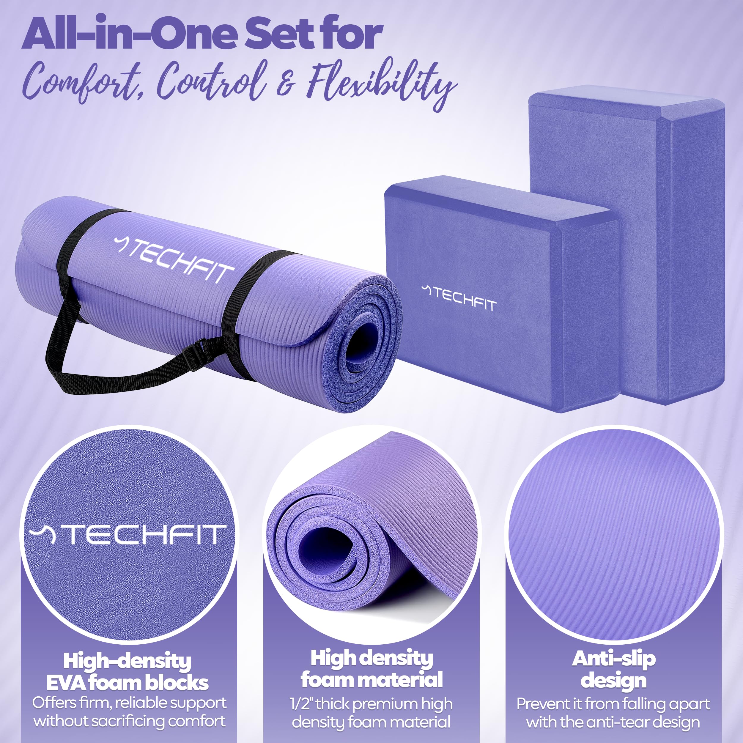 TechFit Set Blocchi Yoga, Tappetino 180x60x1 cm, Spesso Antiscivolo EVA Alta Densità 2 Mattoncini 22,5x15x7,6cm Pilates Stretching Cinghia Trasporto Ecologico
