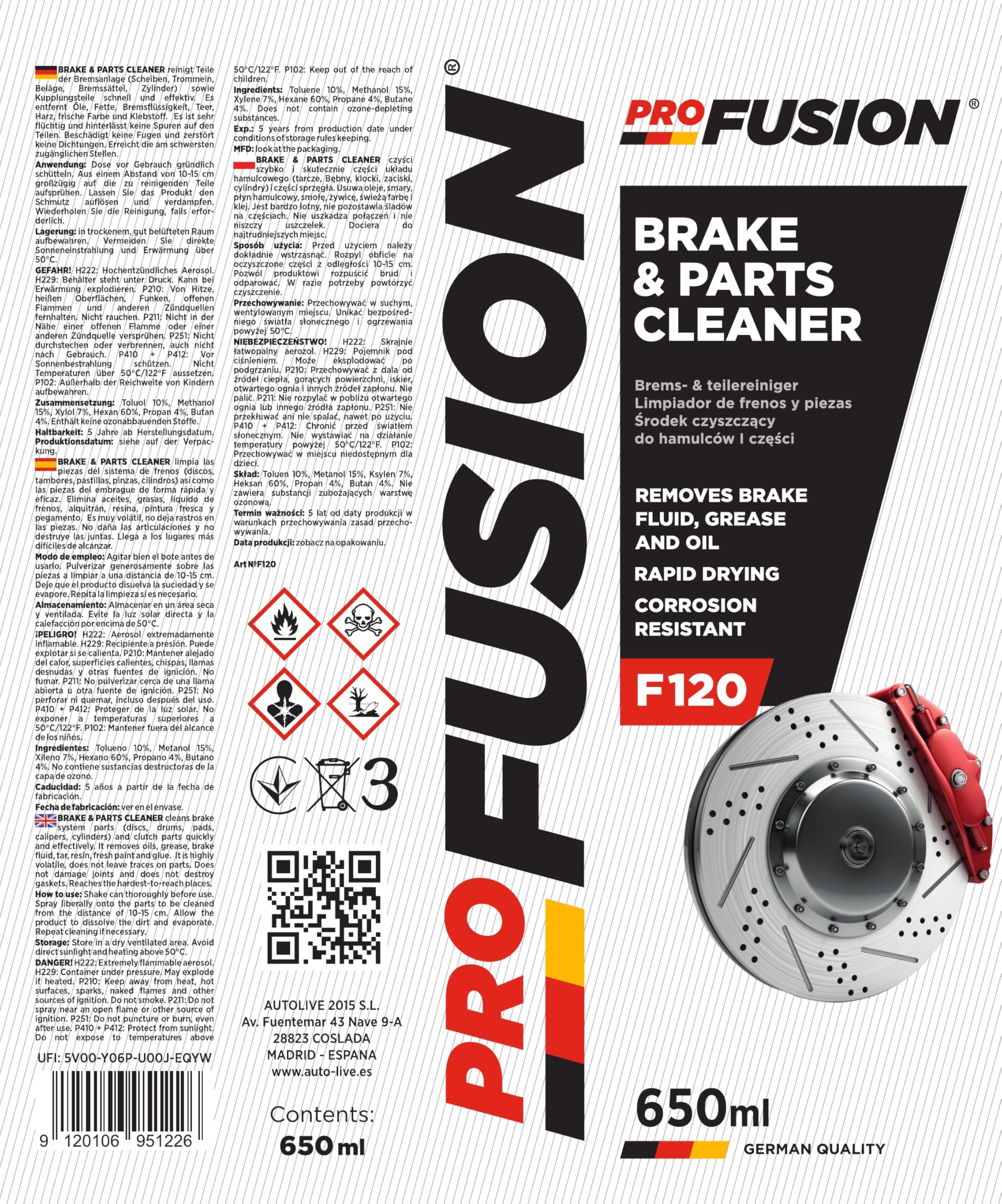 ProFusion Limpiador de Frenos y Embrague Pack de 12 - Brake & Parts Cleaner - Ayuda a Eliminar Aceites, Grasas, Alquitrán, Resina y Pegamento - No Daña Articulaciones ni Juntas - 650 ml