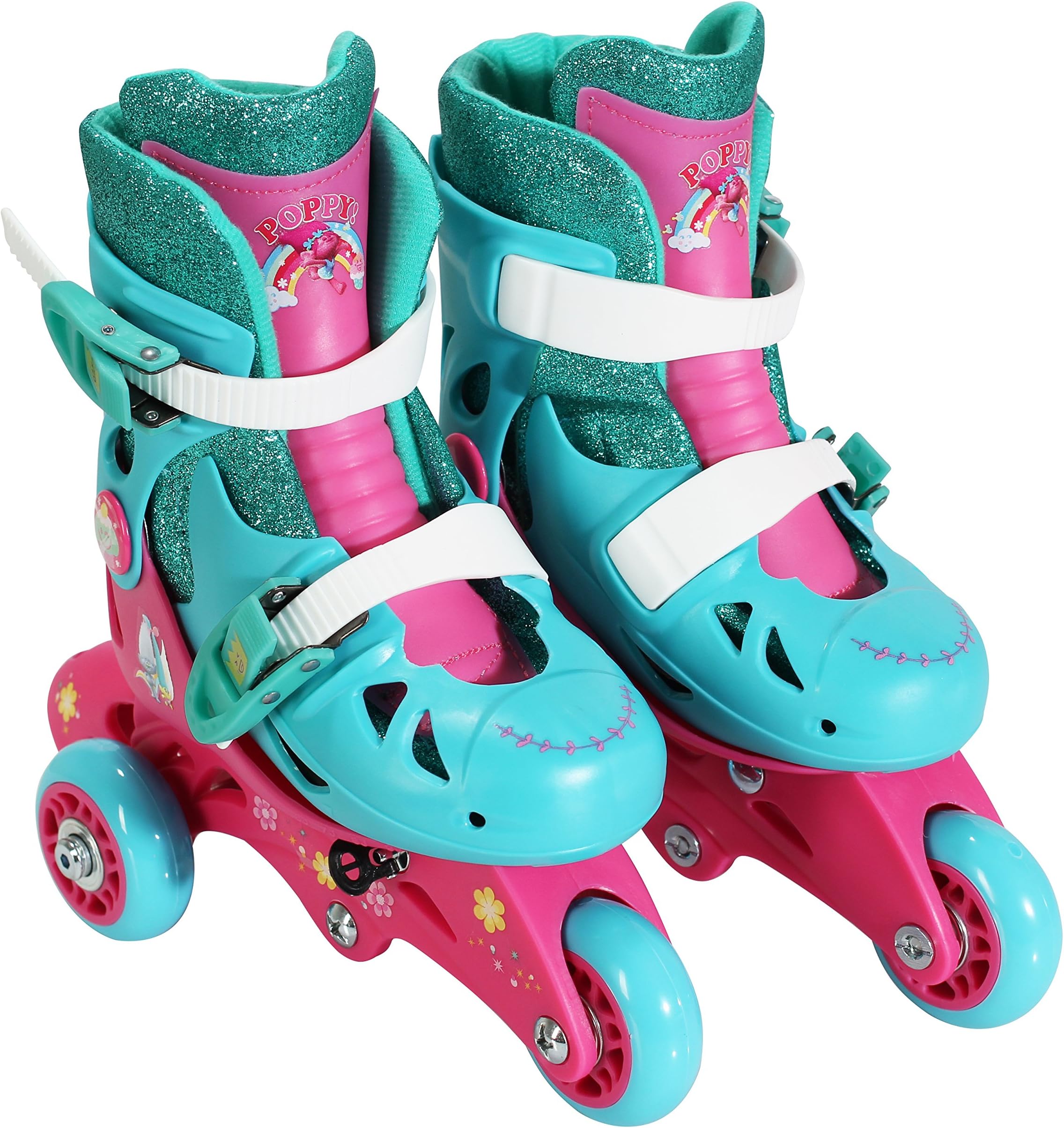 PlayWheels Trolls Glitter Convertible 2-in-1 Skates for Kids – Junior Size 6-9 – Effortlessly Switch Between Tri-Wheel and Inline Configurations for Versatile Skating Fun