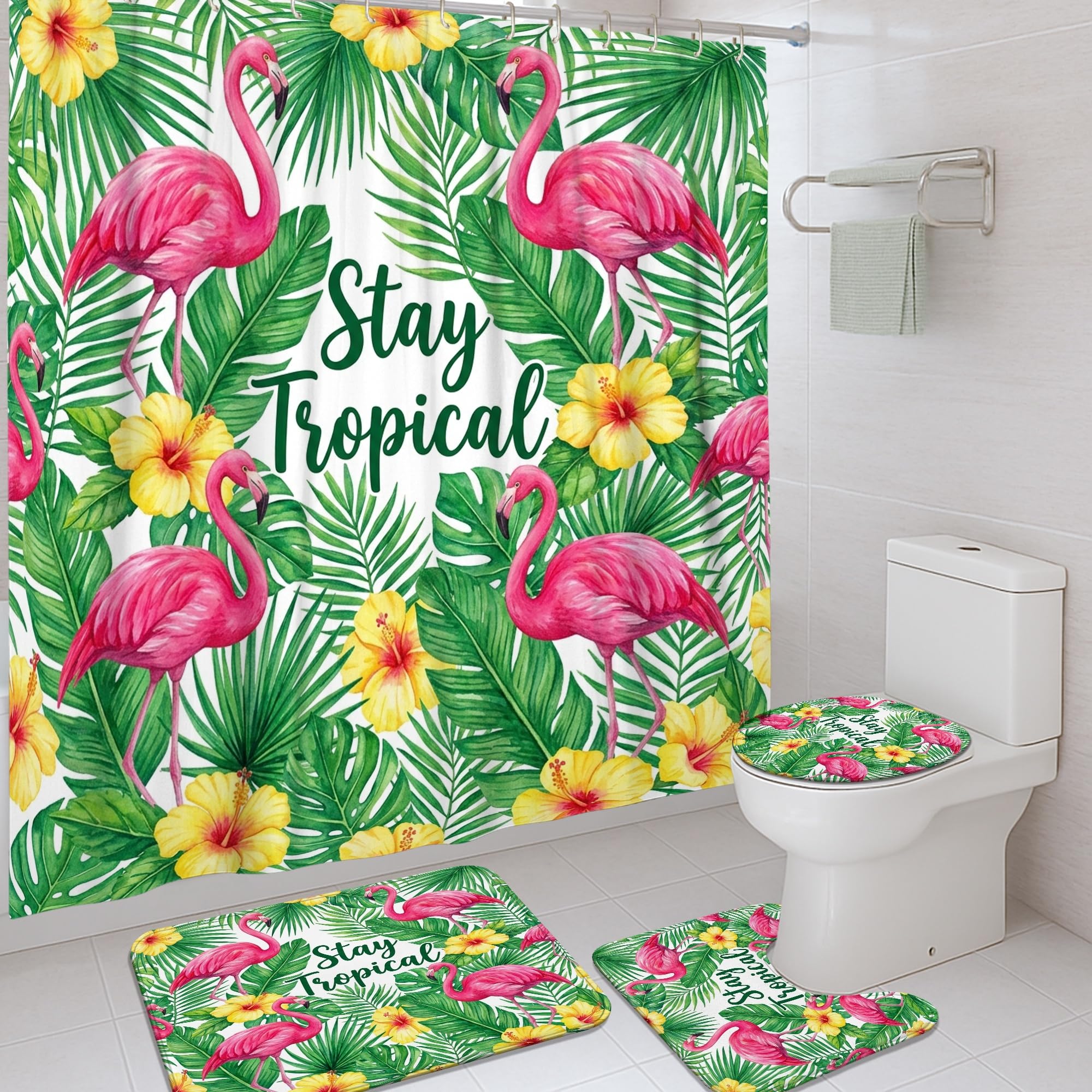 Rideaux de douche imprimé hibiscus en tissu lavable de qualité supérieure