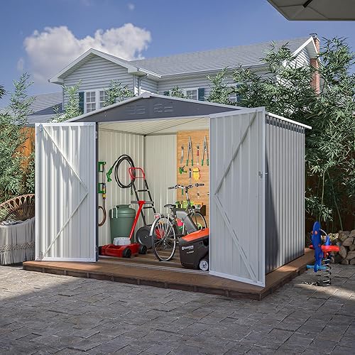 Okak Cobertizo de almacenamiento de metal para exteriores de 8 x 6 pies, cobertizos de metal para todo tipo de clima, con base de metal y 2 puertas