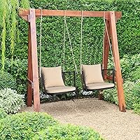 Vista 4 de HAPPYGRILL Silla colgante de ratán para porche, hamaca con cojín de asiento y cojín de respaldo, ratán de polietileno, marco de metal resistente