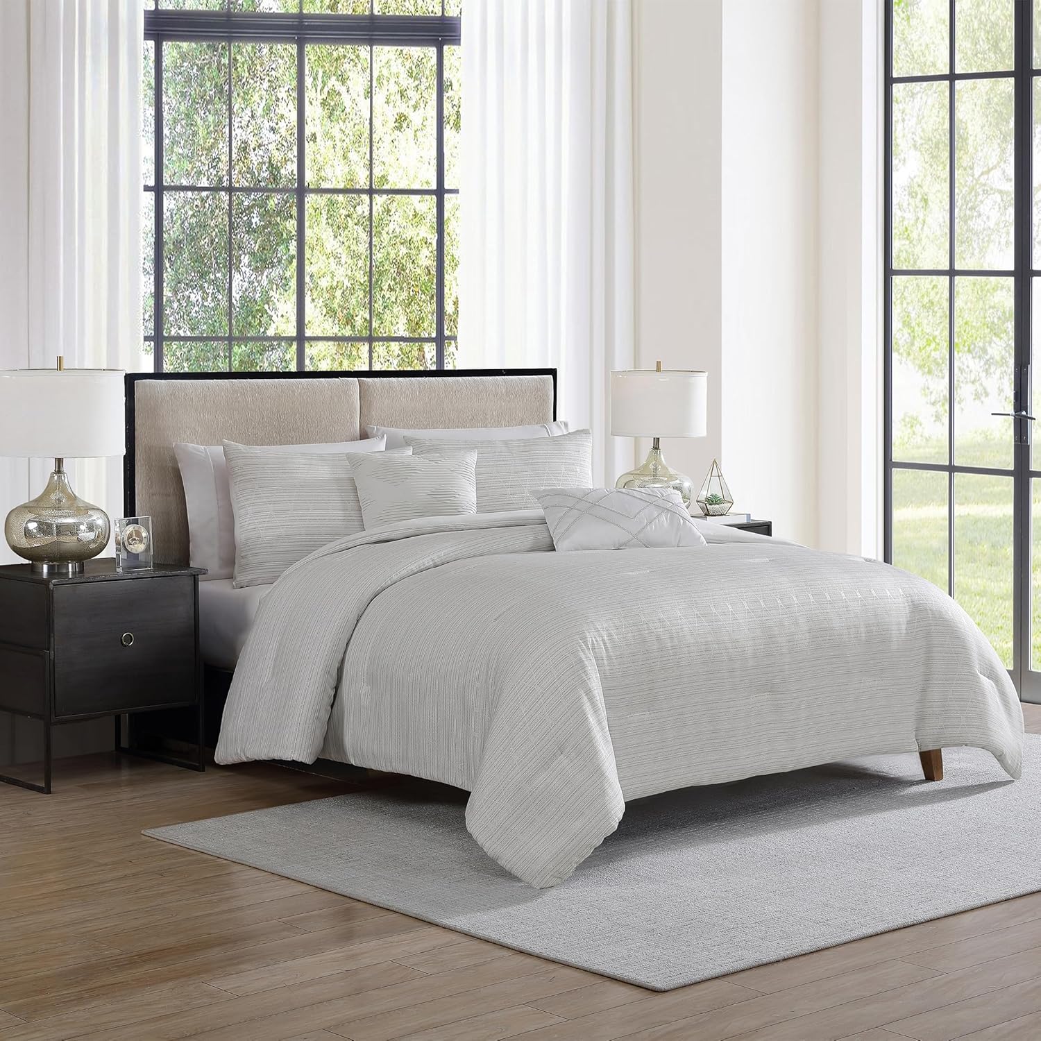 Tahari Home - Comforter Set, Jacquard 5-Piece Bedding with Matching Shams & Decorative Pillows, Ideal for All Seasons (Marguerite Grey, King)