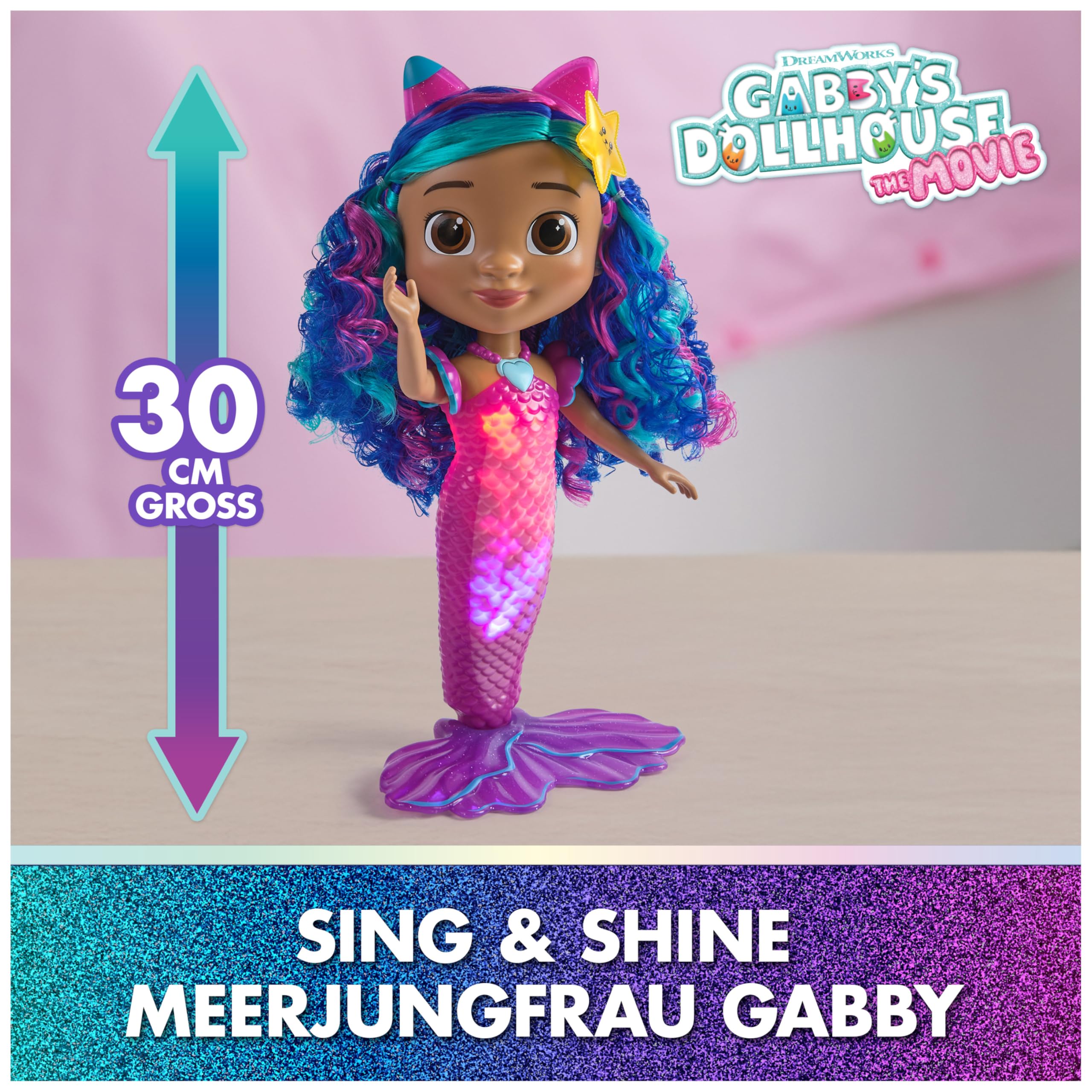 DreamWorks Gabby's Dollhouse – Sing & Shine Meerjungfrau Gabby, 35 cm große Puppe mit Licht- und Soundeffekten, spricht Deutsch, für Kinder ab 3 Jahren