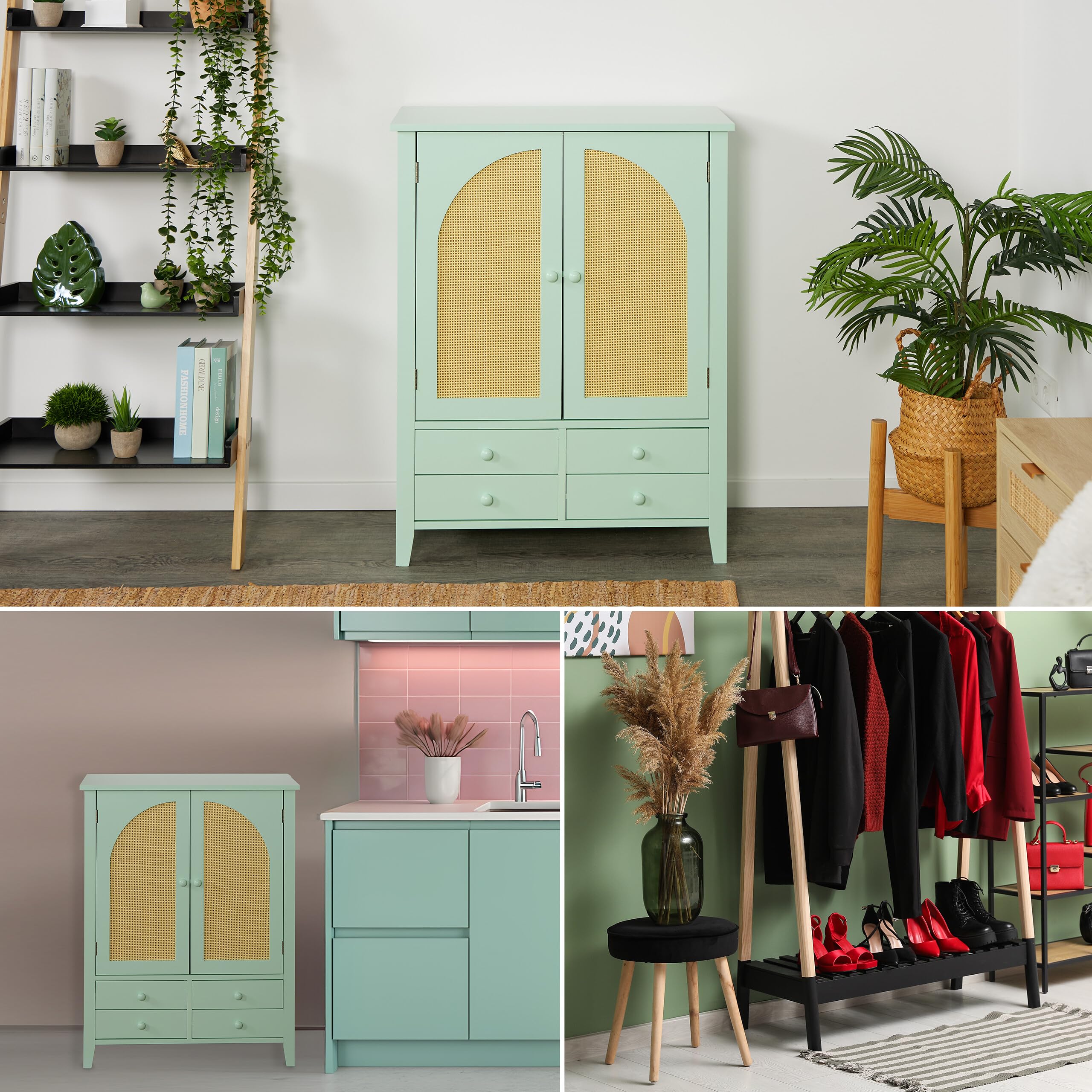 Relaxdays Aparador, Efecto Ratán, 4 Cajones, 2 Niveles, 90x70x34 cm, Armario Auxiliar Cocina, Salón, Turquesa/Natural