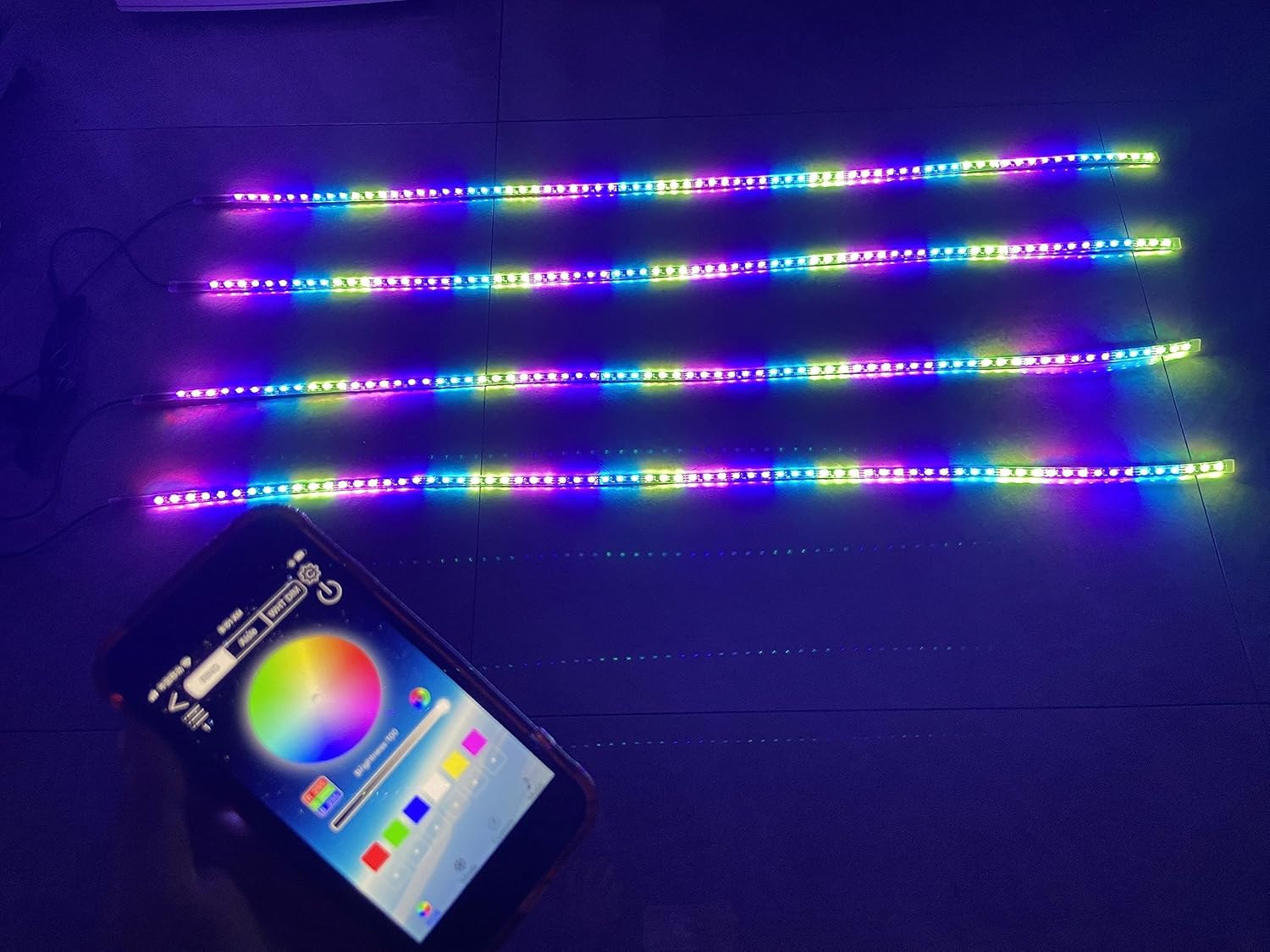 4PCS 5FT 1.4Meters Full Tinted LEDs Black Out PCB Smoked Dream Color Chasing Light Strips Bluetooth Remote Music APP Dance Mode Control DIY Slingshot Car Truck Off-Road Lights