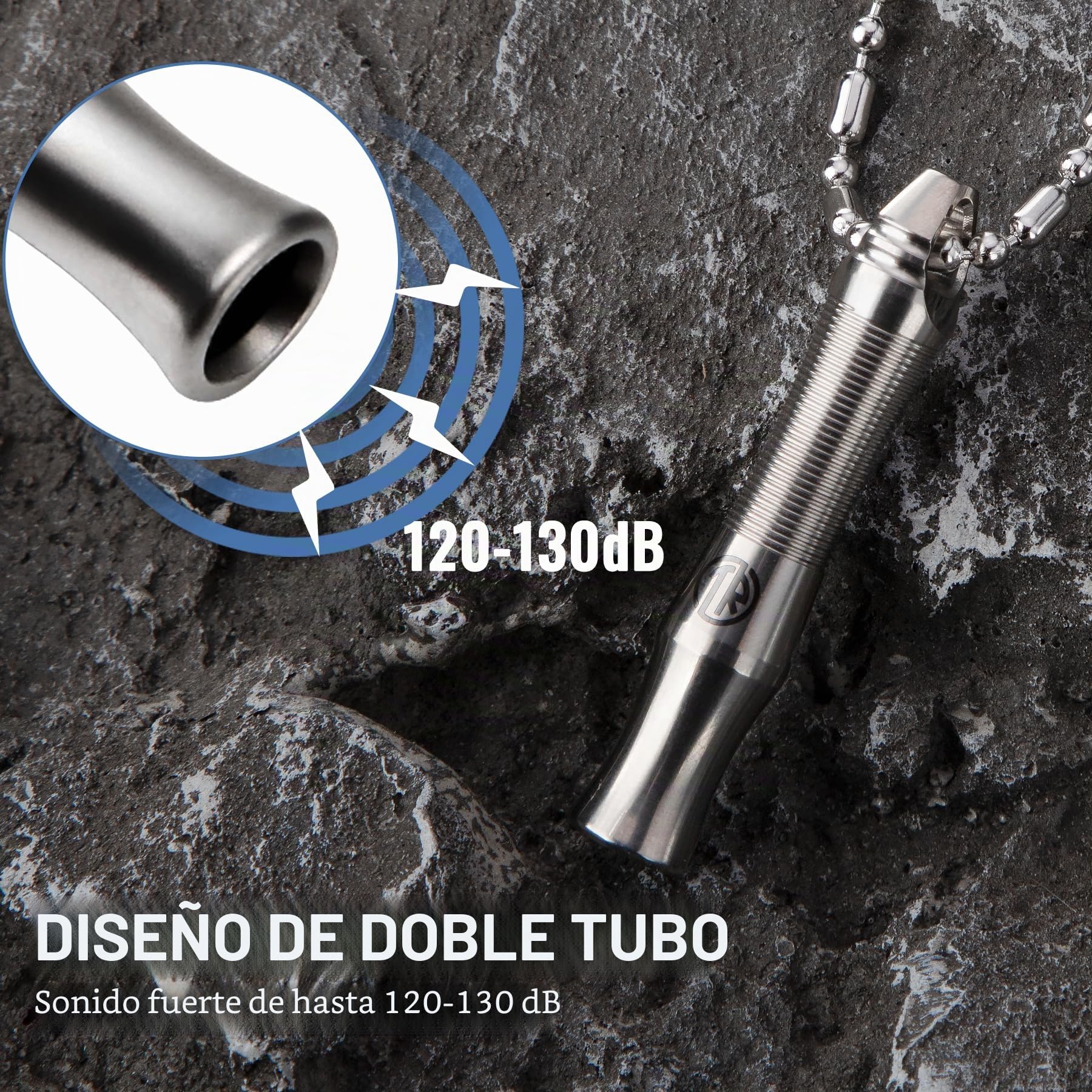 TACRAY Silbato de titanio – Ultra fuerte 120+ dB, mecanizado CNC, ligero y duradero – Perfecto para supervivencia de emergencia, senderismo, acampada y seguridad al aire libre – Incluye cadena de