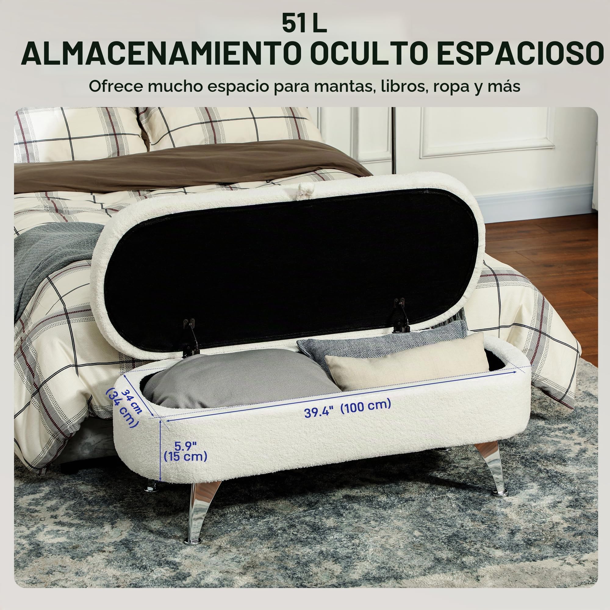 HOMCOM Banco de almacenamiento acolchado con tapa, con aspecto de oso de terciopelo, para pasillo, dormitorio, salón, estructura de metal, 114 x 47 x 46,5 cm, color blanco