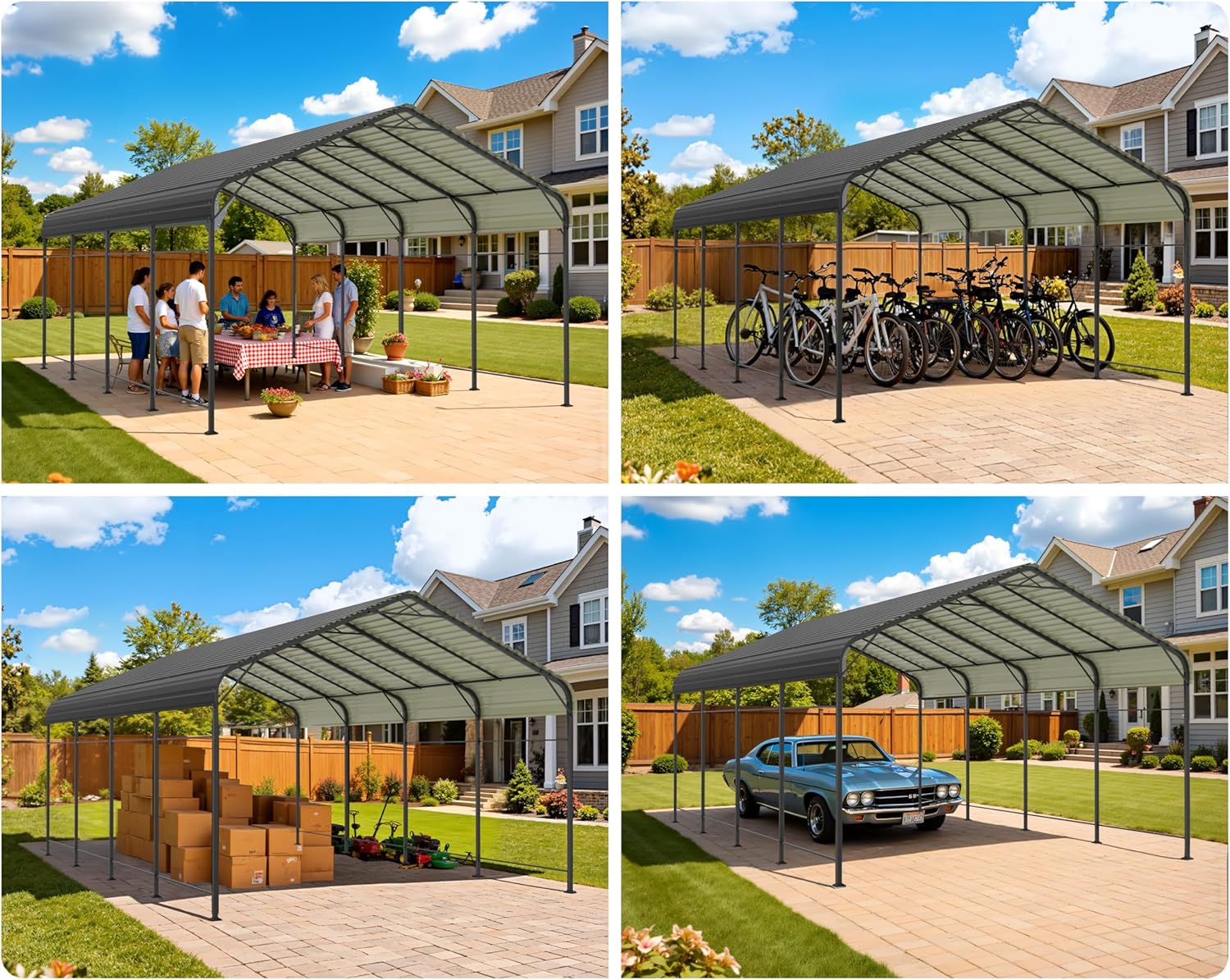 Greesum 12x20FT Metal Carport with Heavy Duty Frame and Galvanized Steel Roof, Round Carports with Side Support Rods, Canopy Shelter for Car, Pickup Trucks, Boats, Party, Gray