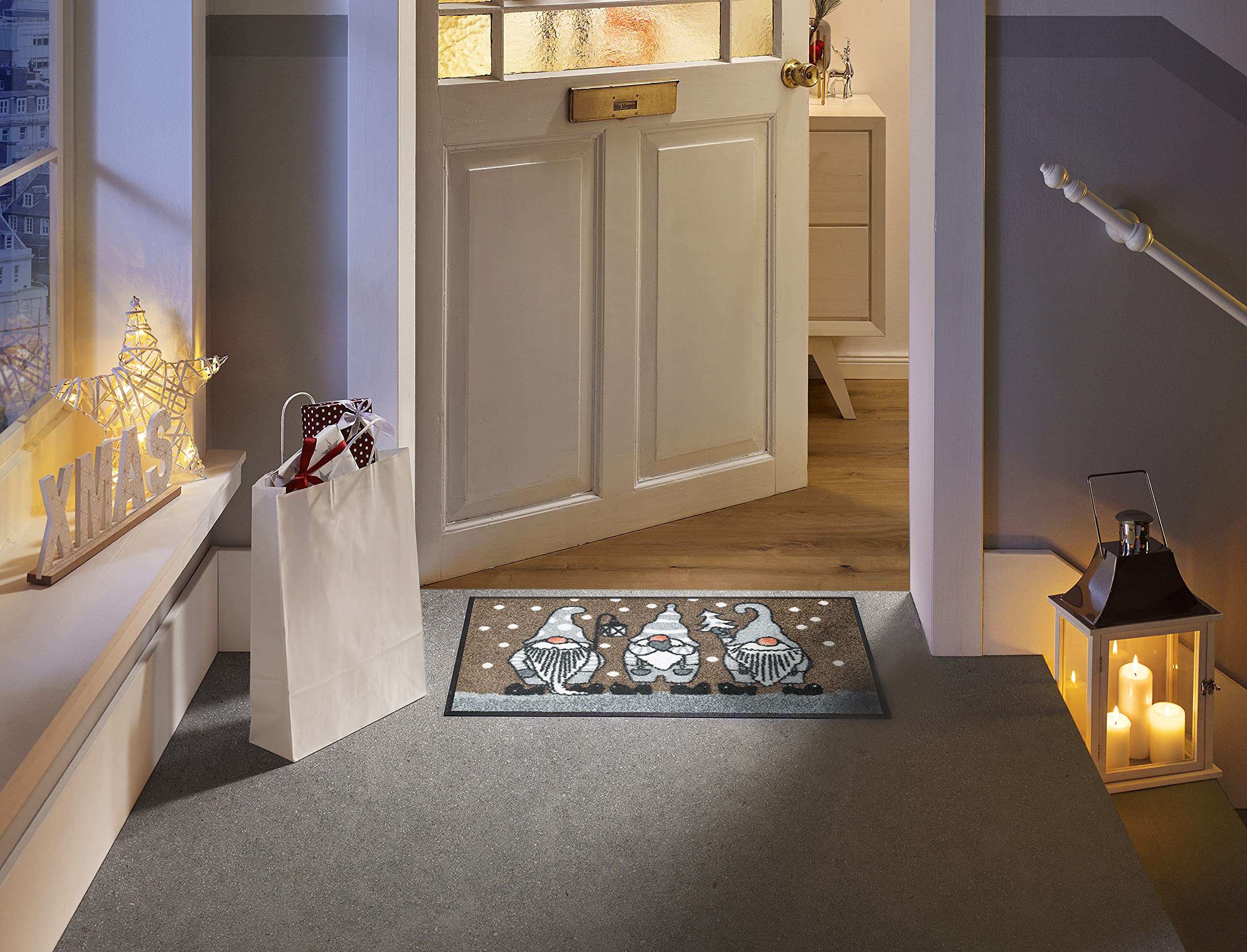 wash + dry Tapis de Sol, Winterzwerge Taupe 40x60cm, intérieur et extérieur, Lavable