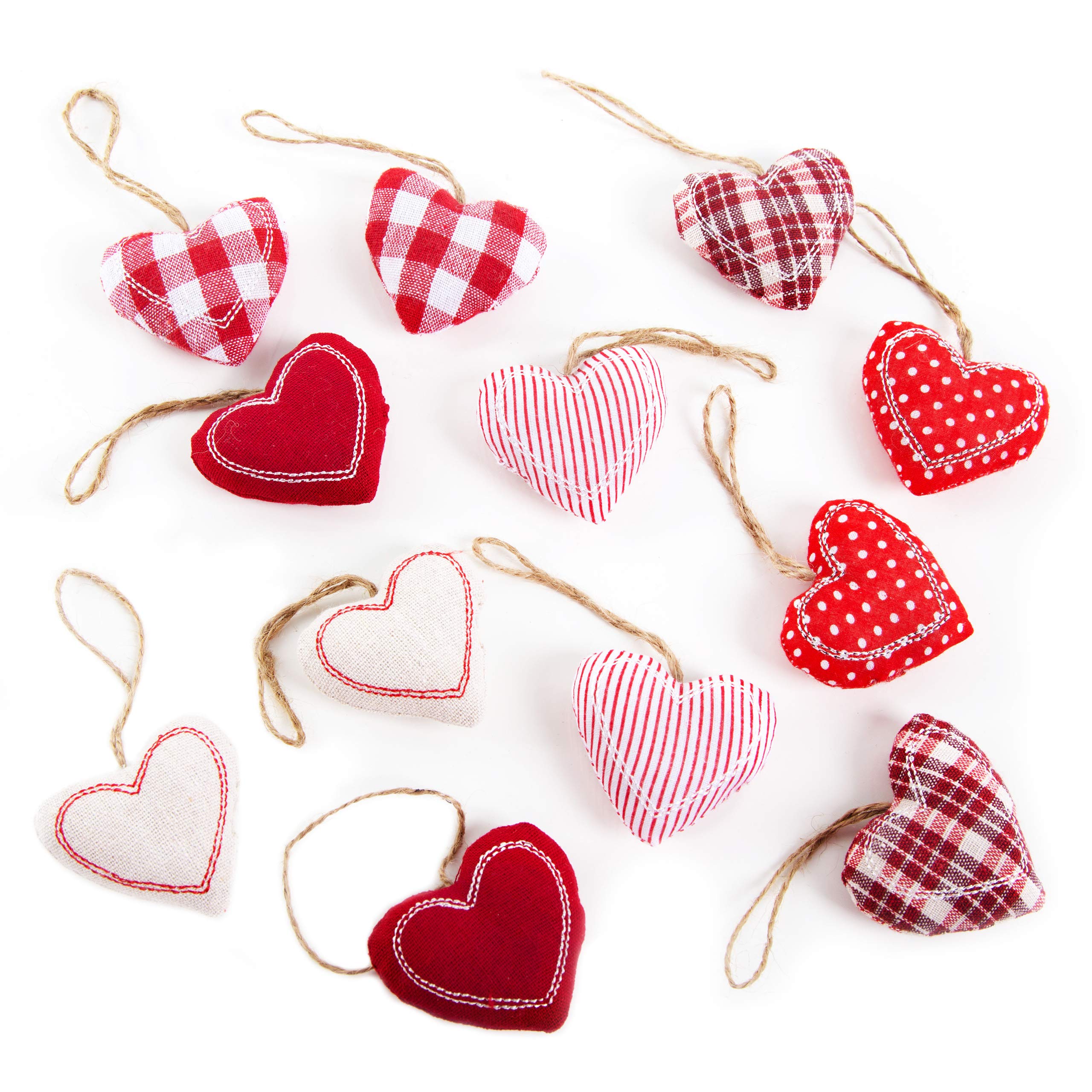 Logbuch-Verlag 12 Small Heart Pendants Red White Fabric Hearts with String Wedding Decoration Christmas Decoration Gift Tags Mother's Day Valentine's Day Christmas Tree Decorations