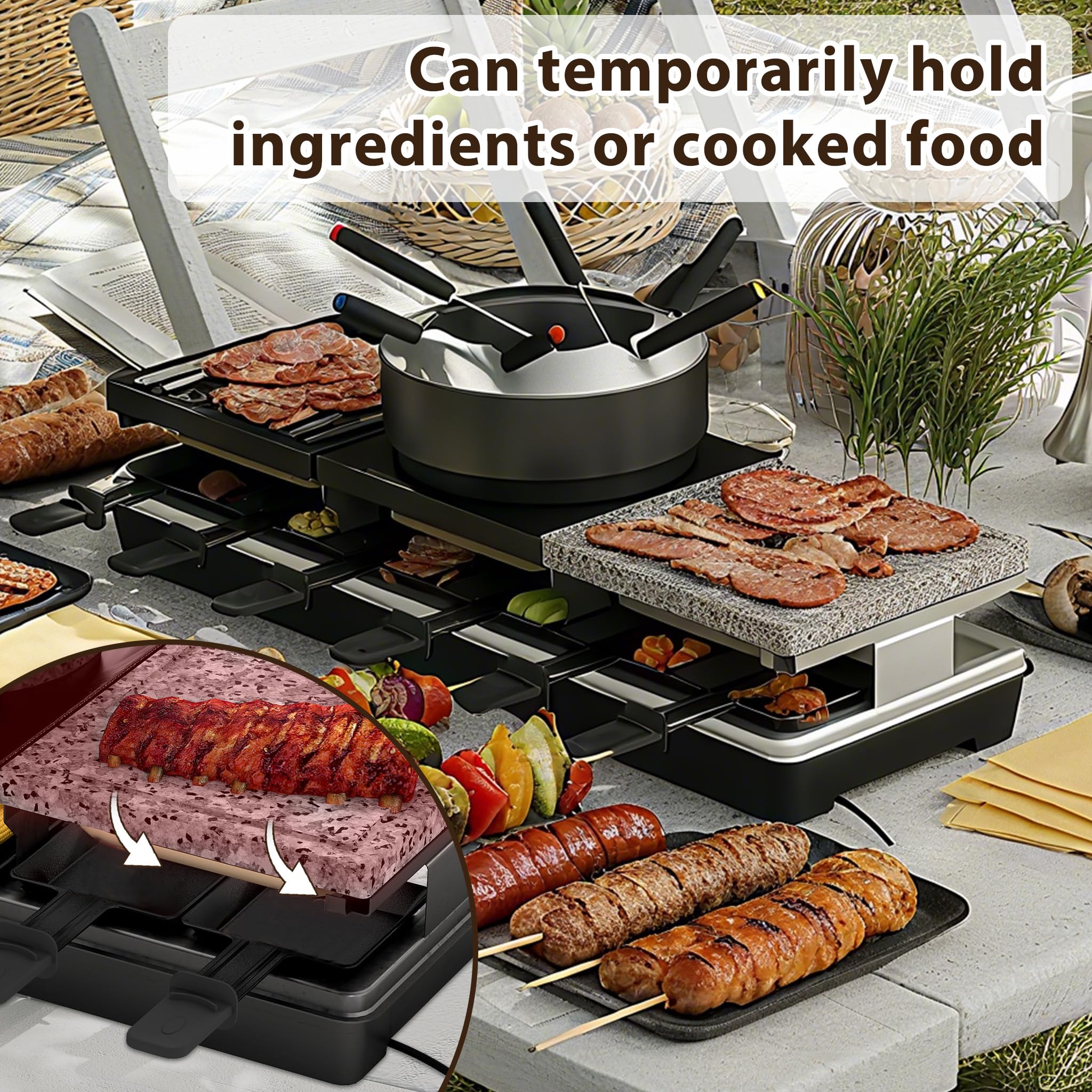 1650W Raclette Grill für 12 Personen Doppelstöckiger Tischgrill inkl. Antihaftbeschichtet, Steinplatte, Klein Tablettes, Holzspateln, Suppentopf & Kabel Edelstahl Elektrogrill für Party Camping