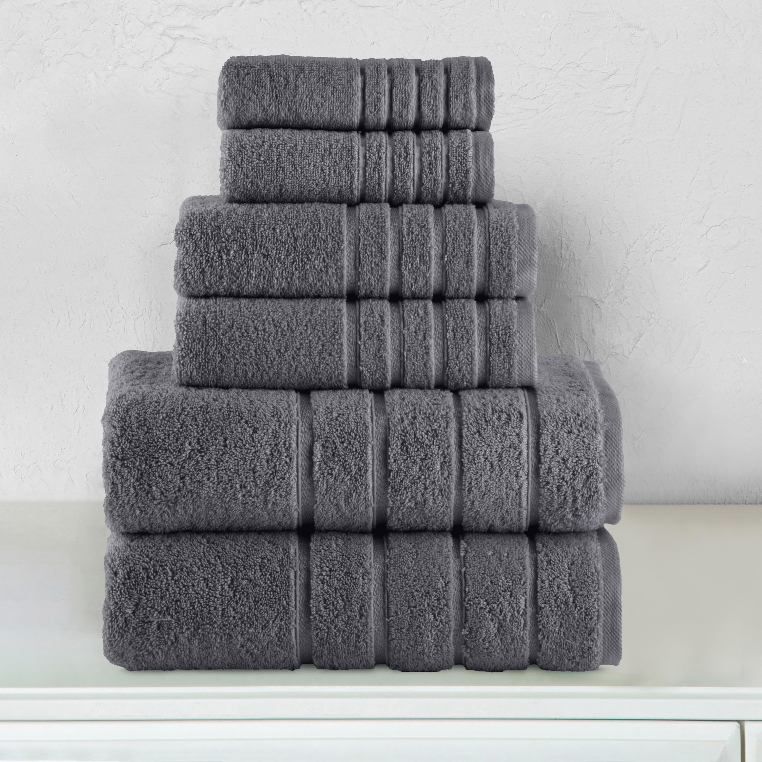 Elegant Comfort Juego de 6 Toallas de 4 líneas de Viscosa a Rayas, Toallas de baño de Lujo 100% algodón Turco de Alta absorción, Incluye 2 paños, 2 Toallas de Mano y 2 Toallas de baño, Color Gris